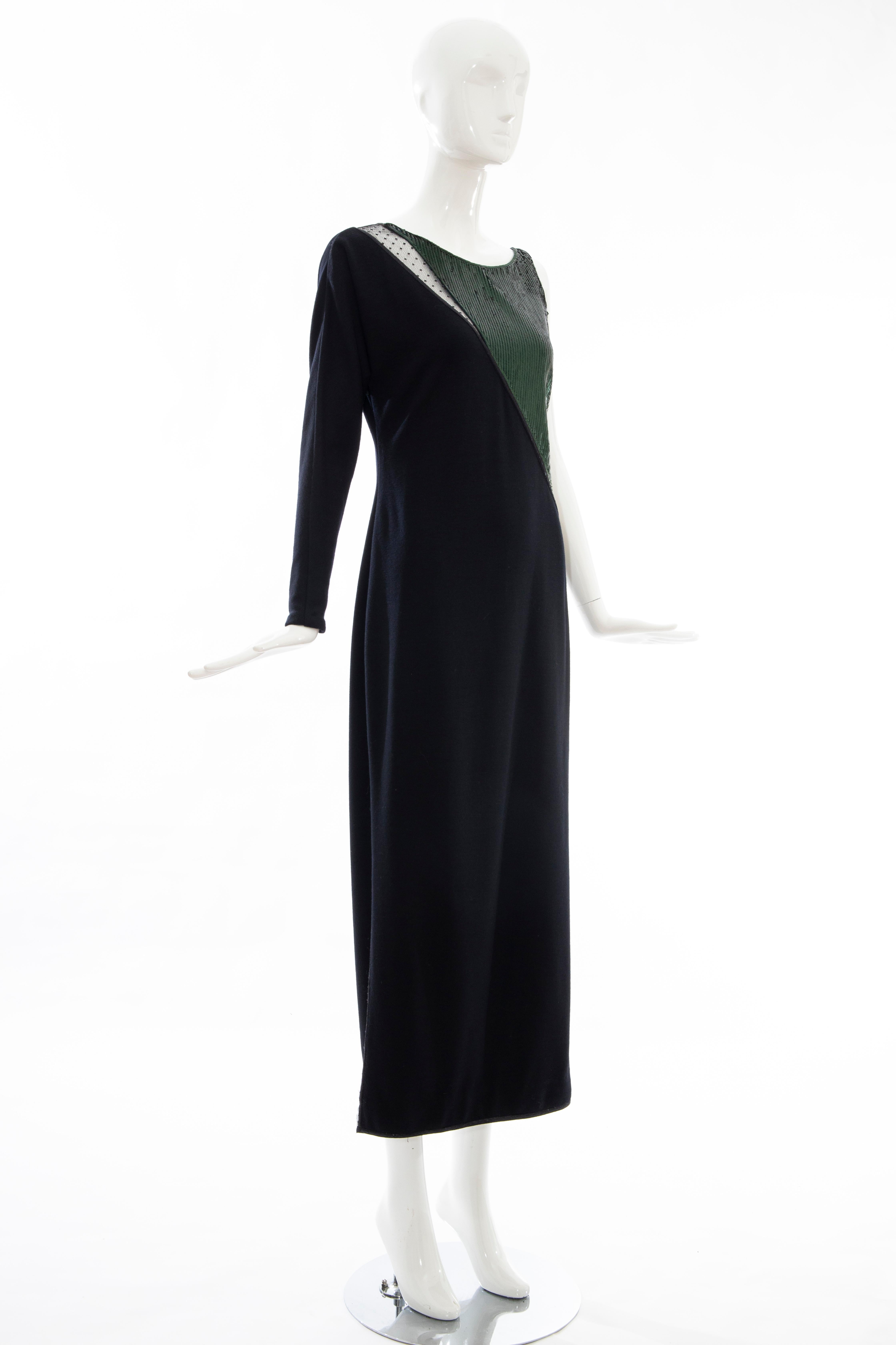 Women's or Men's Geoffrey Beene Black Wool Jersey Embroidered Sequins Evening Dress, Fall 1991 For Sale