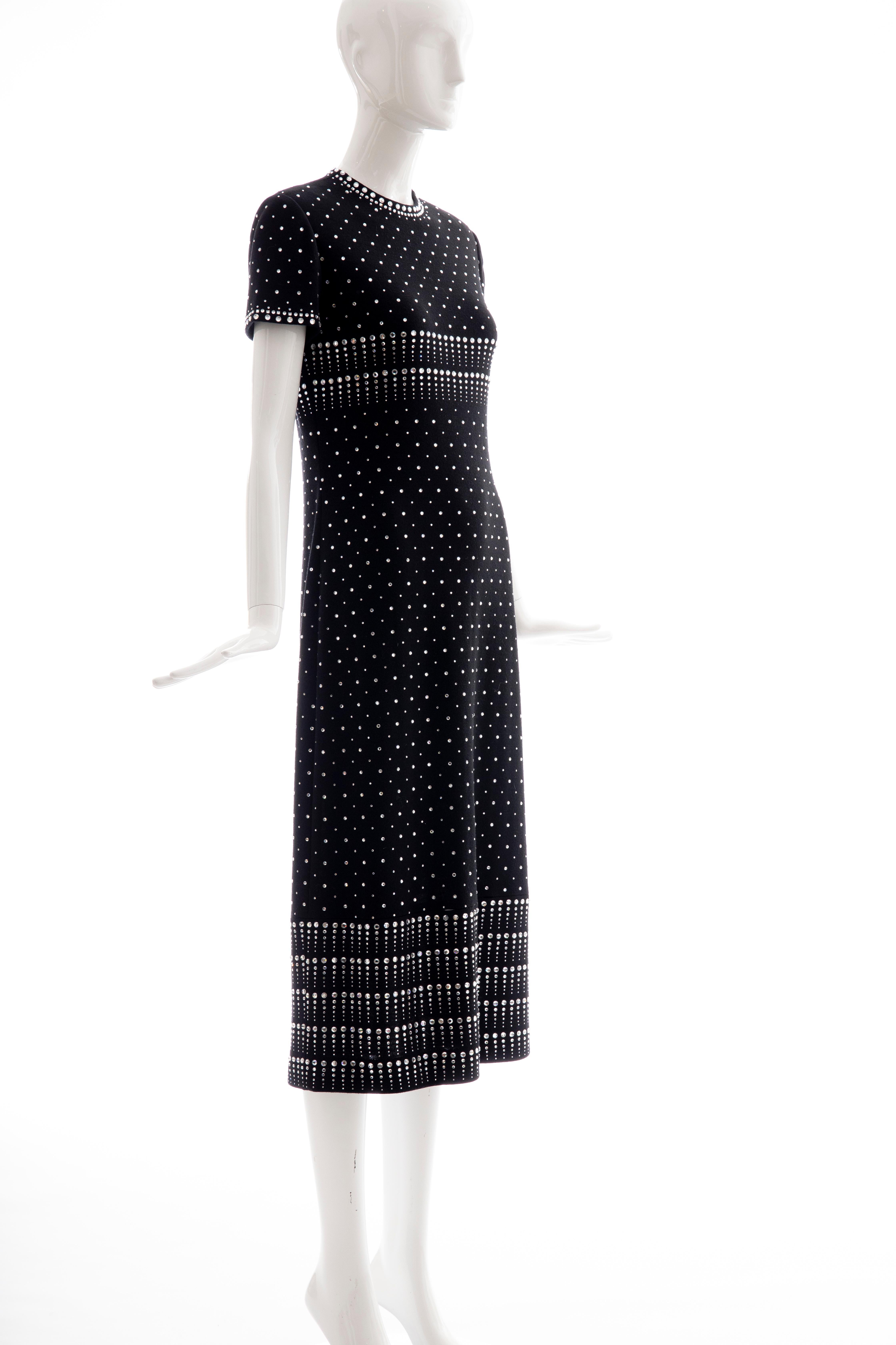 Women's Geoffrey Beene Black Wool Knit Evening Dress Appliquéd Rhinestones, Fall 1966