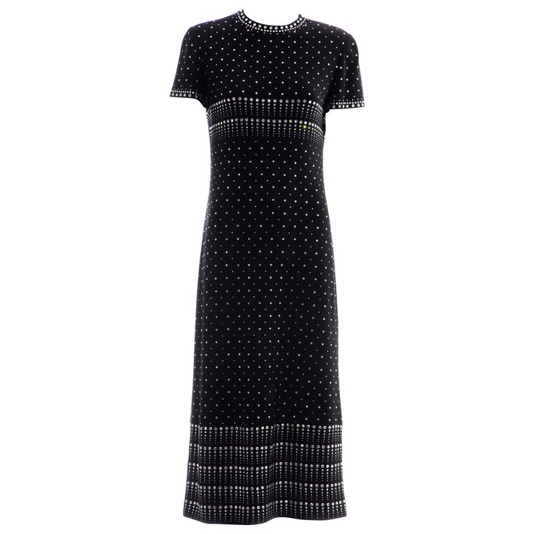 Geoffrey Beene Black Wool Knit Evening Dress Appliquéd Rhinestones ...