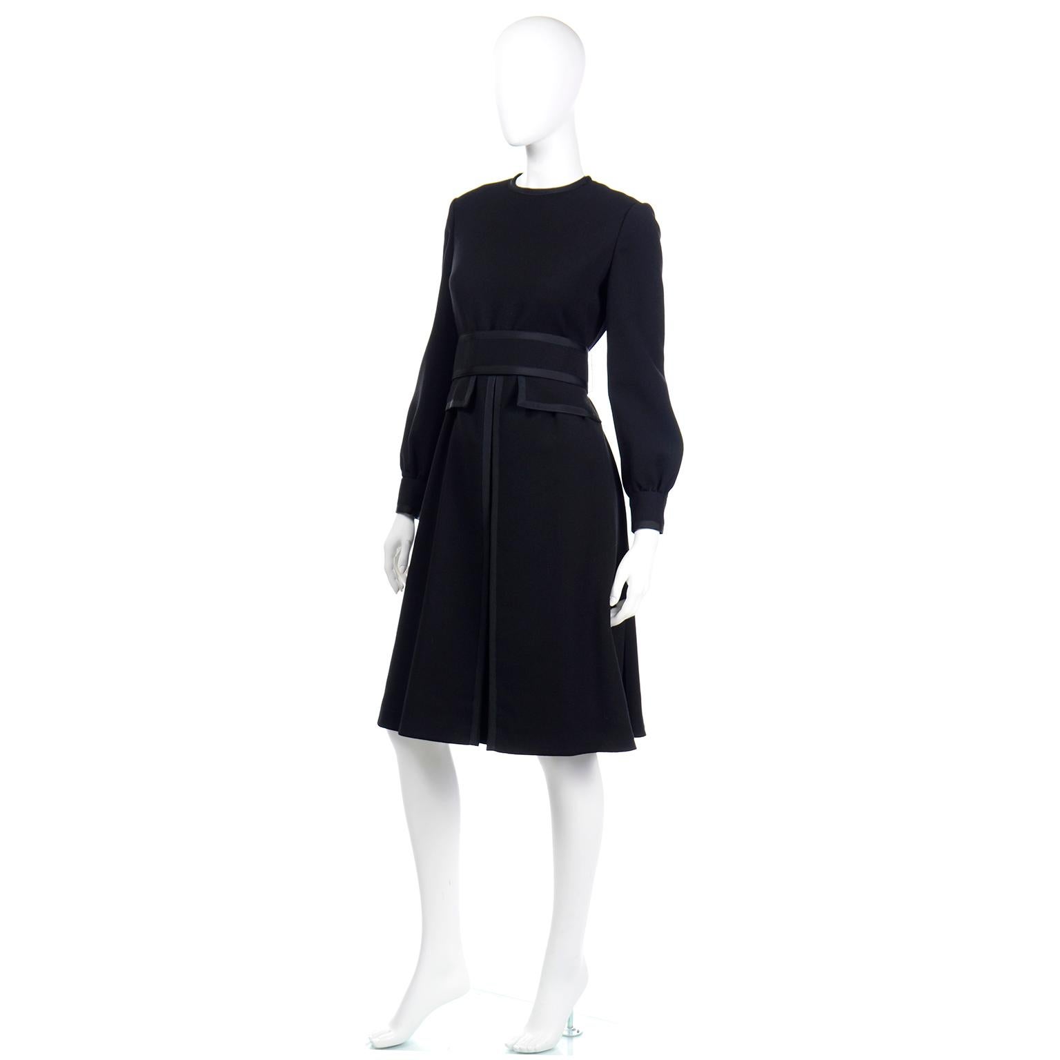 Geoffrey Beene Black Wool Vintage 1960s Dress With Pleating and Original Belt In Excellent Condition In Portland, OR