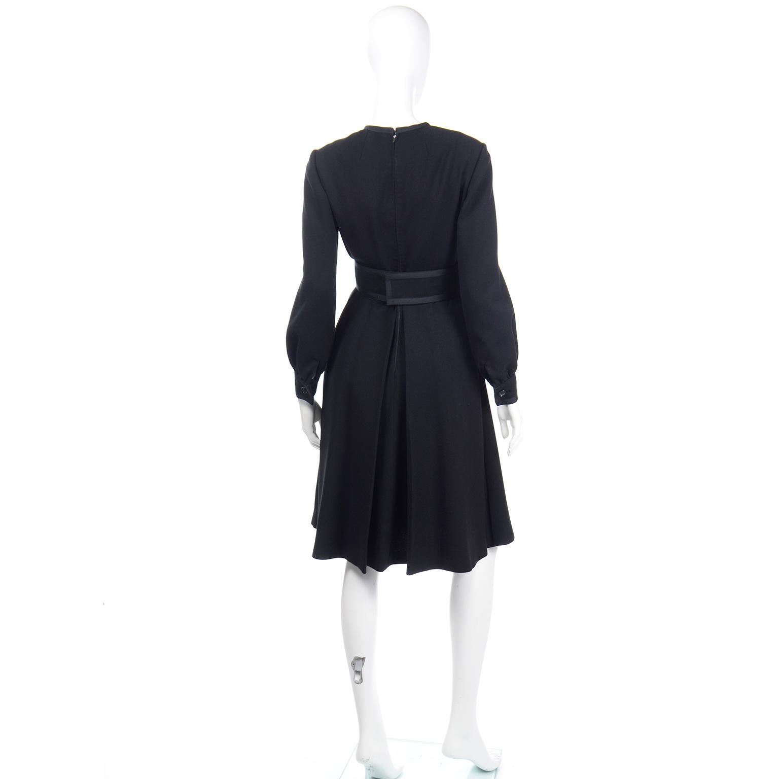 Women's Geoffrey Beene Black Wool Vintage 1960s Dress With Pleating and Original Belt