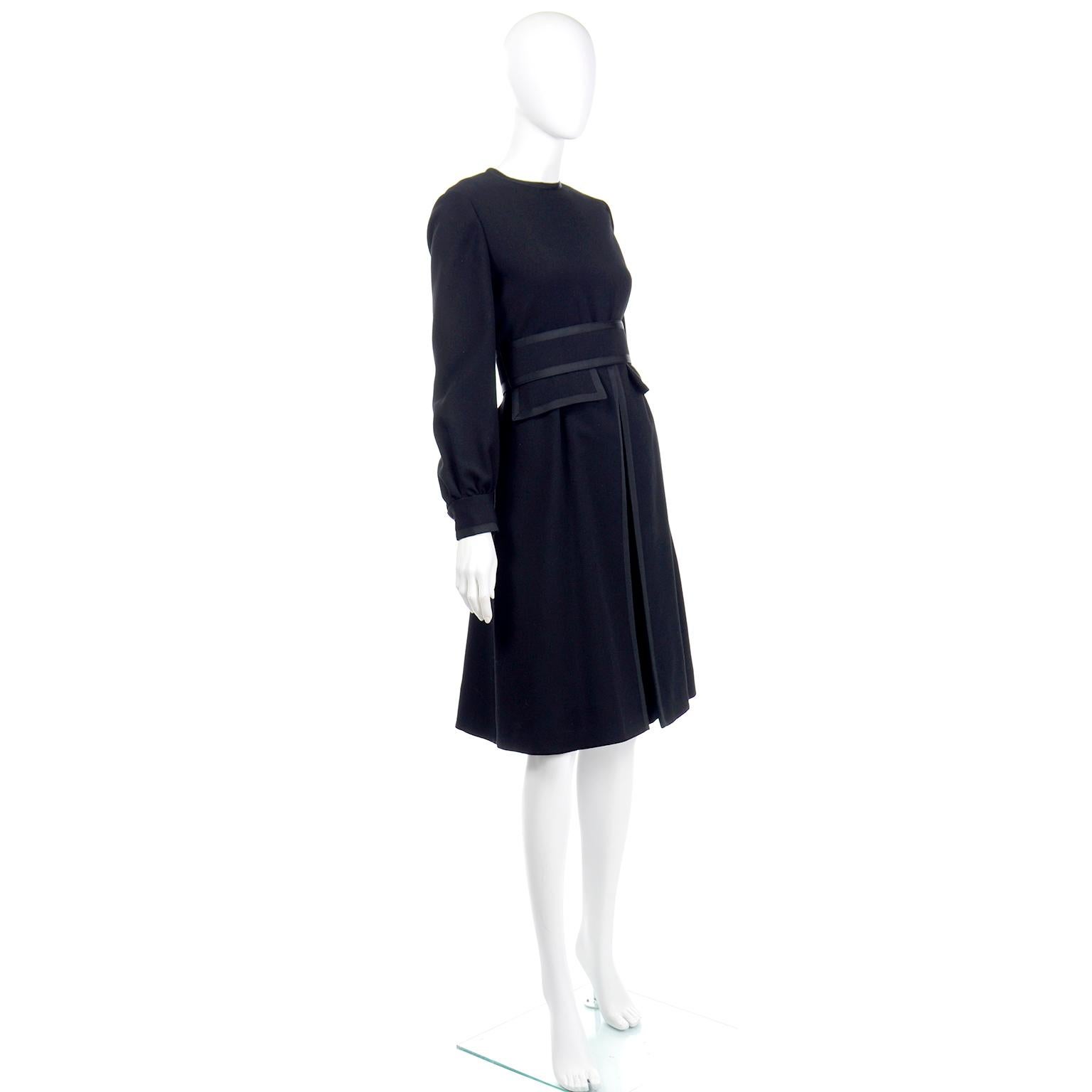 Geoffrey Beene Black Wool Vintage 1960s Dress With Pleating and Original Belt 1