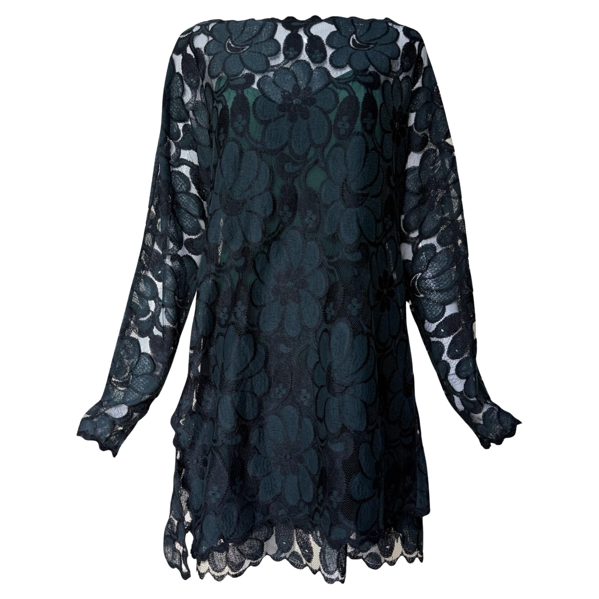 Geoffrey Beene Deep Emerald Green Floral Lace Dress, 1980s For Sale