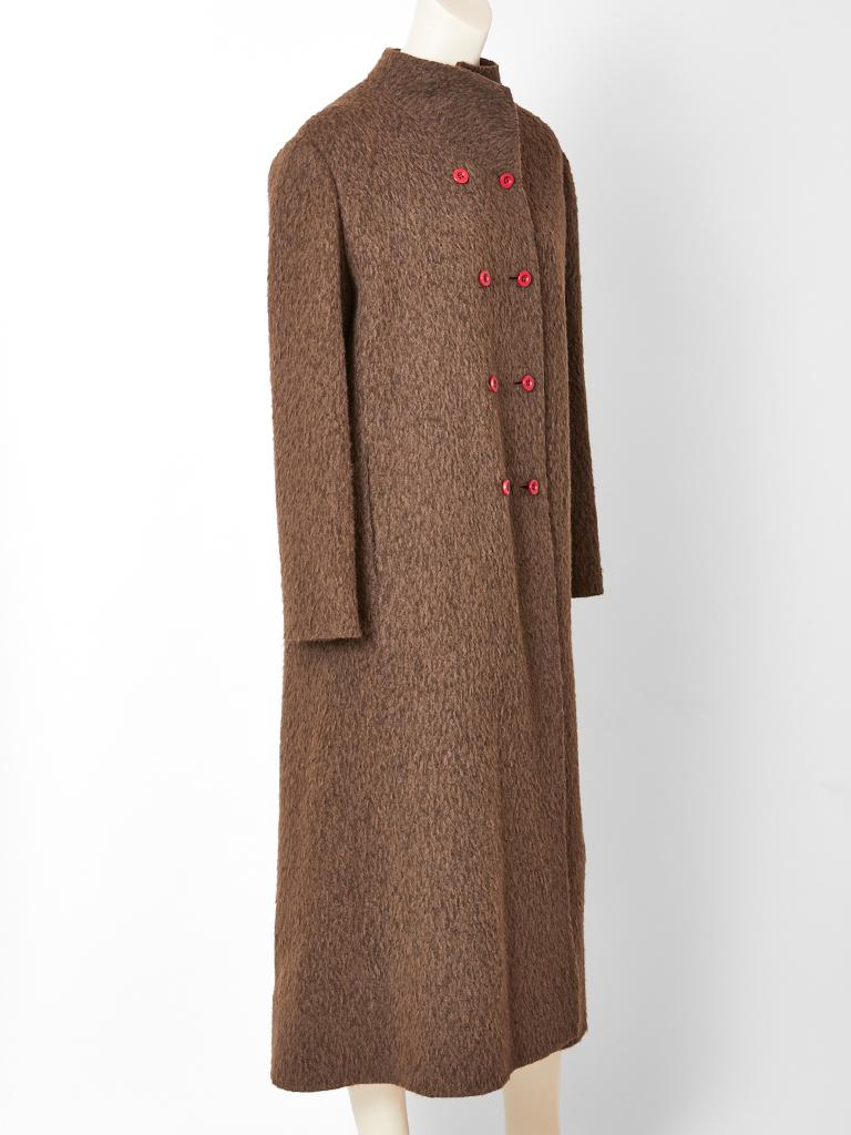 Geoffrey Beene, simple, narrow cut, double breasted, brown, brushed wool coat, having a 