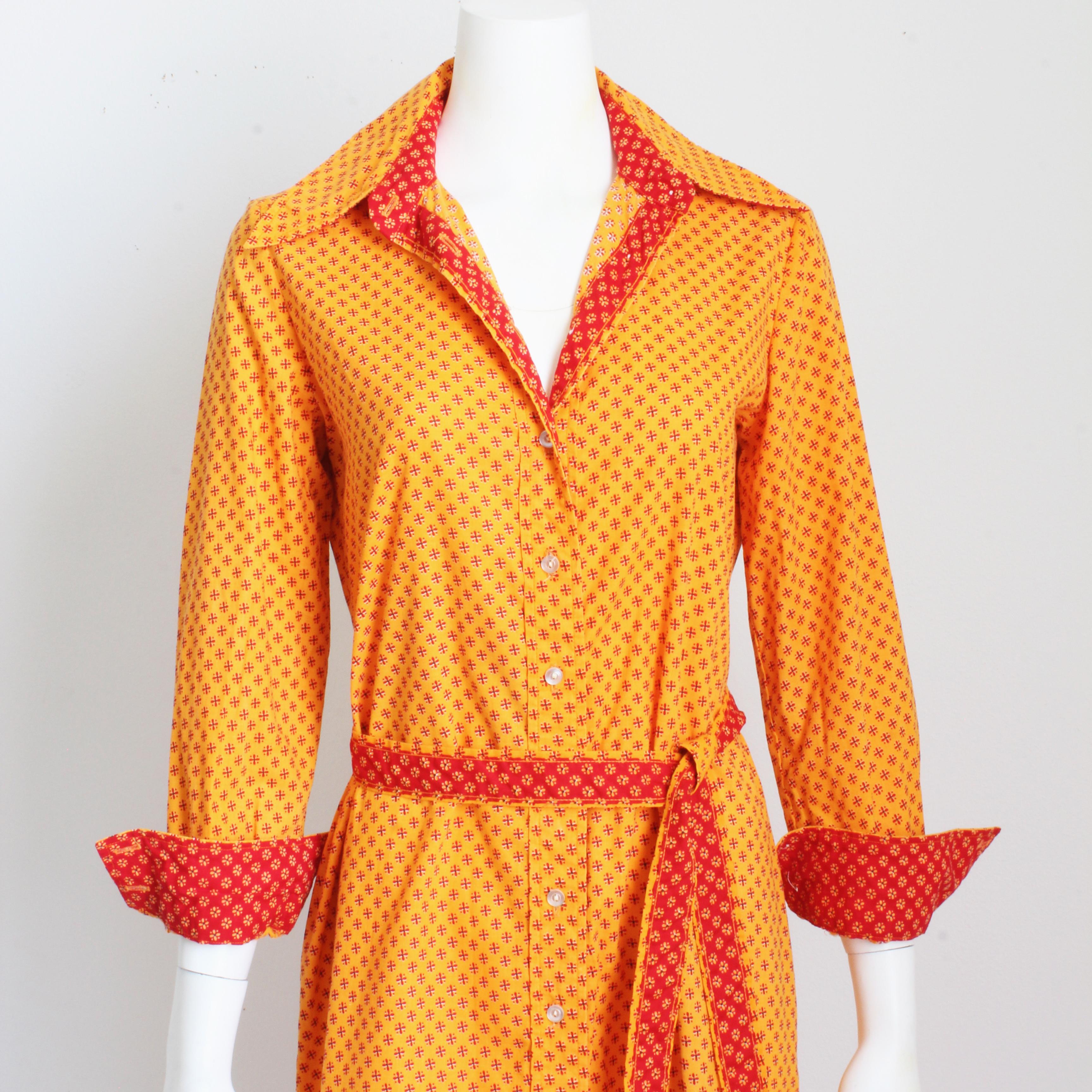 Women's Geoffrey Beene Dress & Belt Button Front Cotton Shirtwaist Floral Print 1970s For Sale