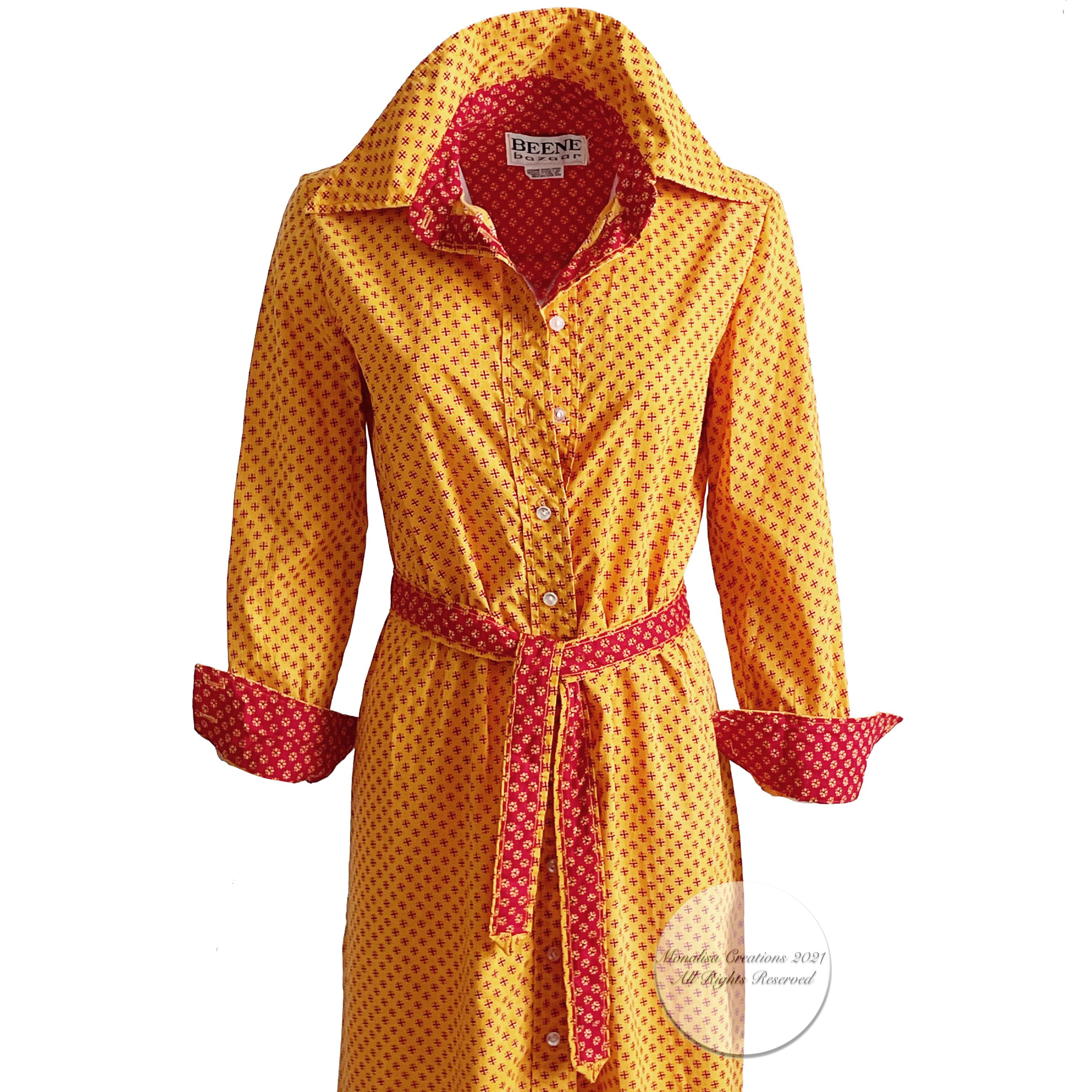 Geoffrey Beene Dress Button Front Cotton Shirtwaist + Belt Bold Daisy Print 70s In Good Condition In Port Saint Lucie, FL