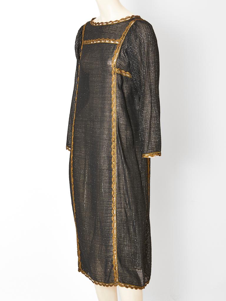 Geoffrey Beene silk gauze 3/4 sleeve shift having a vertical lurex stripe and gold metallic crochet applique embellishments