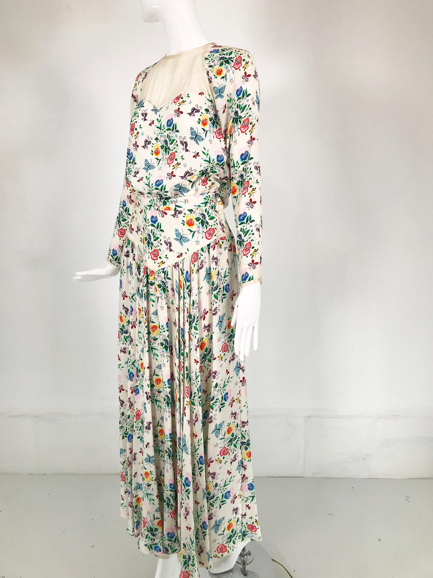Geoffrey Beene Floral Cloque Silk & Sheer Silk Top & Yoke Hip Maxi Skirt 1970s For Sale 5