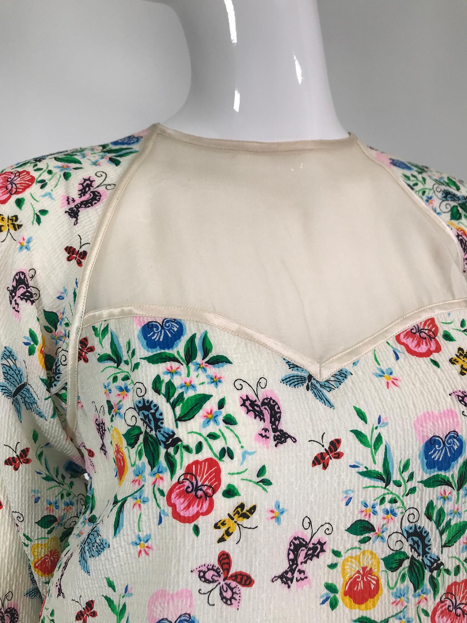 Geoffrey Beene Floral Cloque Silk & Sheer Silk Top & Yoke Hip Maxi Skirt 1970s For Sale 7