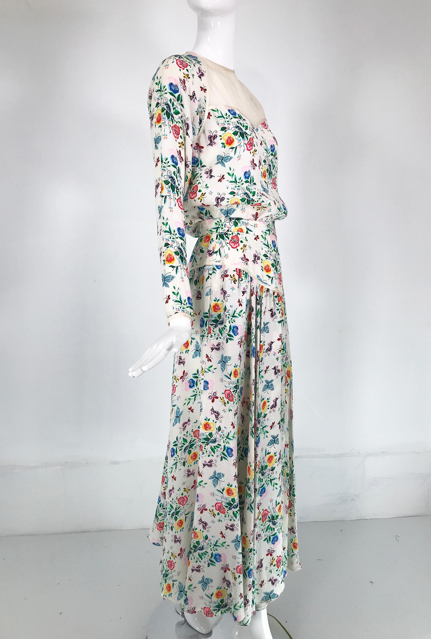 Gray Geoffrey Beene Floral Cloque Silk & Sheer Silk Top & Yoke Hip Maxi Skirt 1970s For Sale