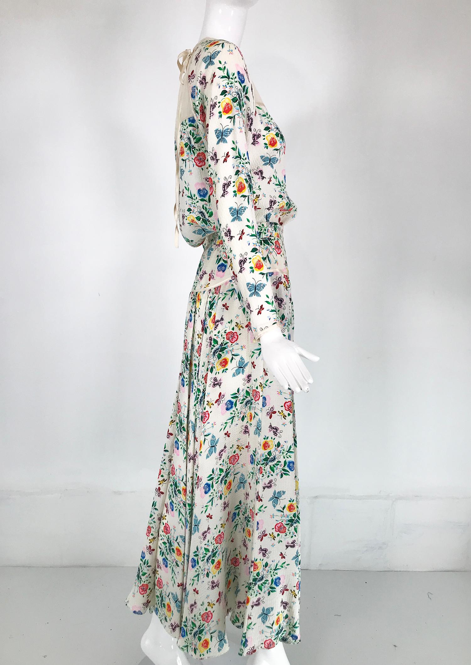 Geoffrey Beene Floral Cloque Silk & Sheer Silk Top & Yoke Hip Maxi Skirt 1970s In Good Condition For Sale In West Palm Beach, FL