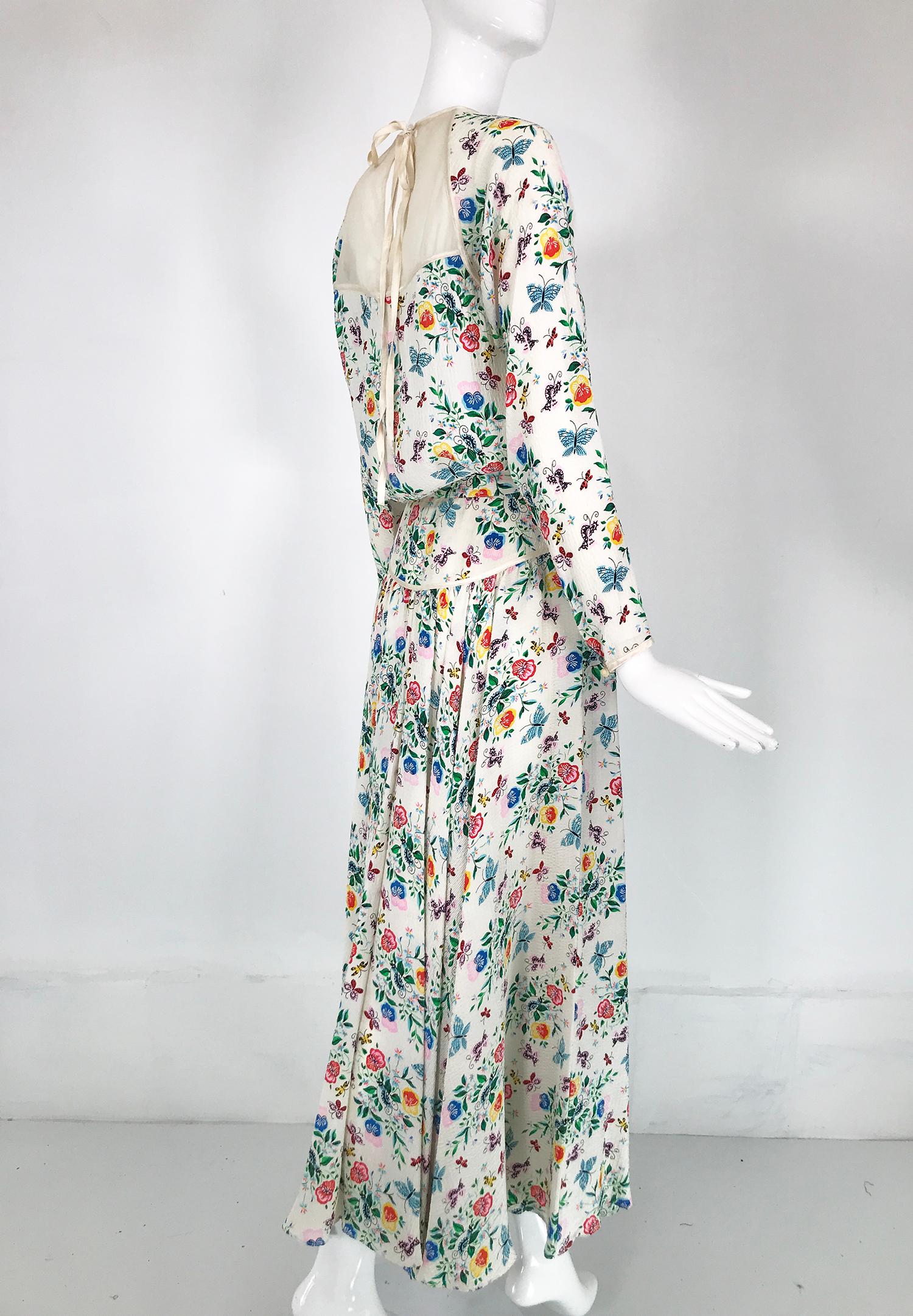 Women's Geoffrey Beene Floral Cloque Silk & Sheer Silk Top & Yoke Hip Maxi Skirt 1970s For Sale