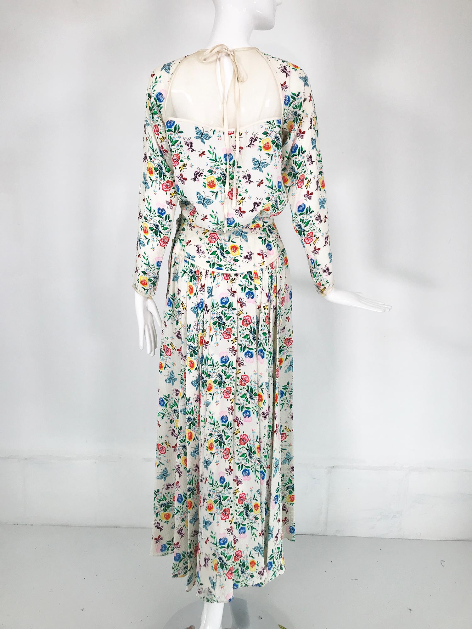 Geoffrey Beene Floral Cloque Silk & Sheer Silk Top & Yoke Hip Maxi Skirt 1970s For Sale 1