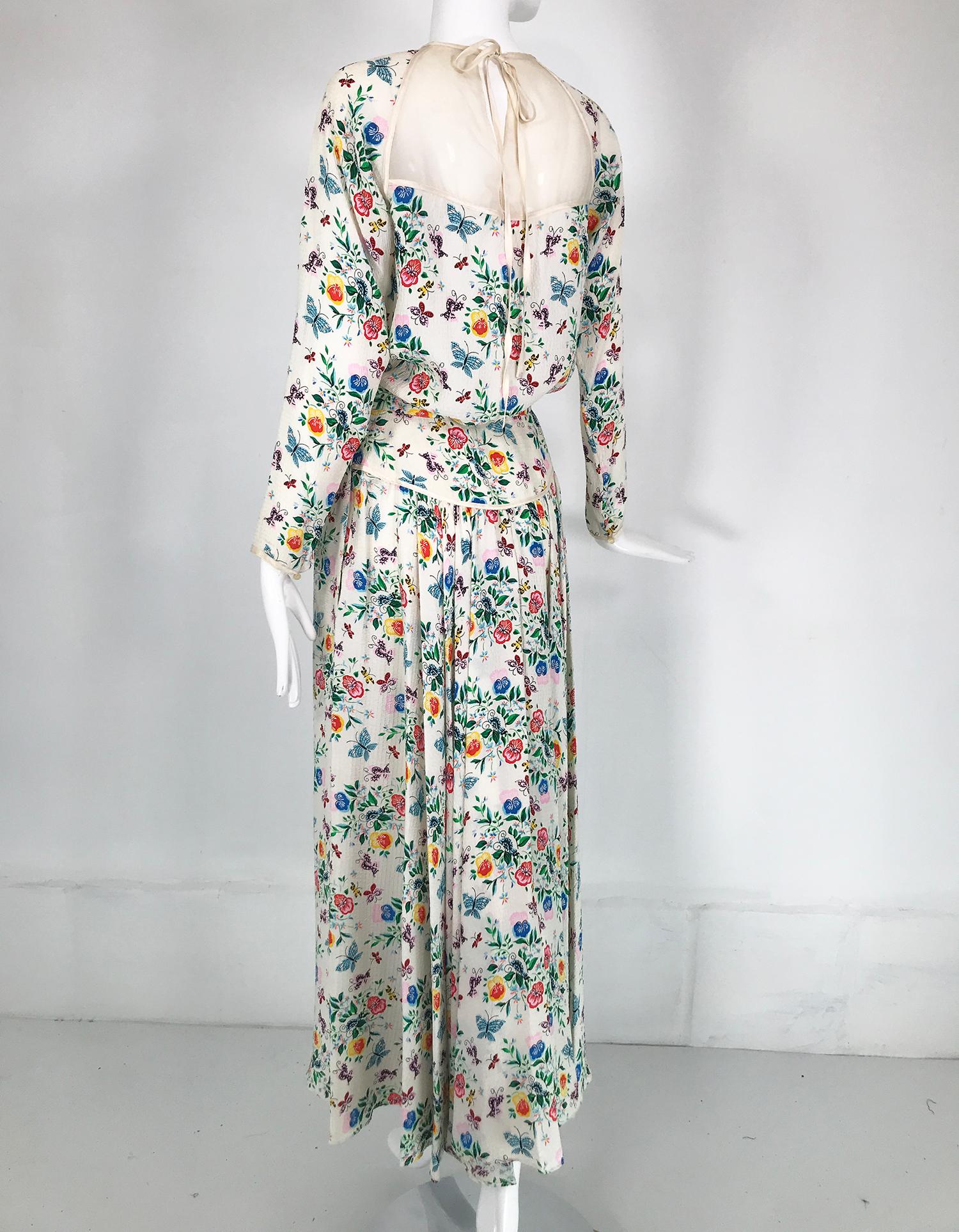 Geoffrey Beene Floral Cloque Silk & Sheer Silk Top & Yoke Hip Maxi Skirt 1970s For Sale 2