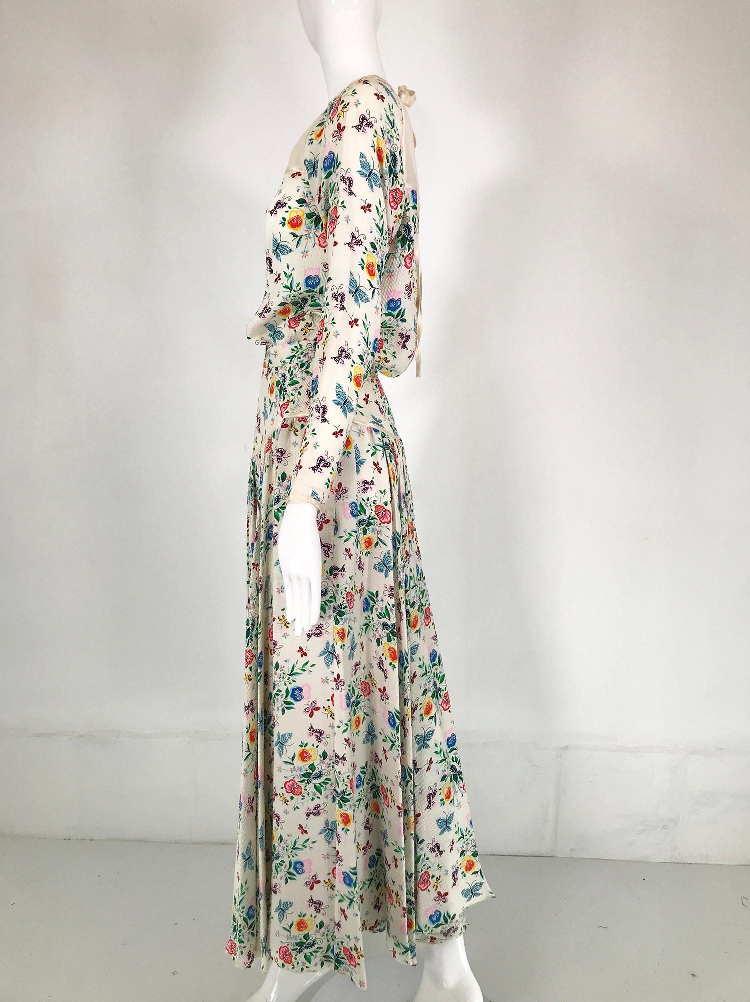 Geoffrey Beene Floral Cloque Silk & Sheer Silk Top & Yoke Hip Maxi Skirt 1970s For Sale 3