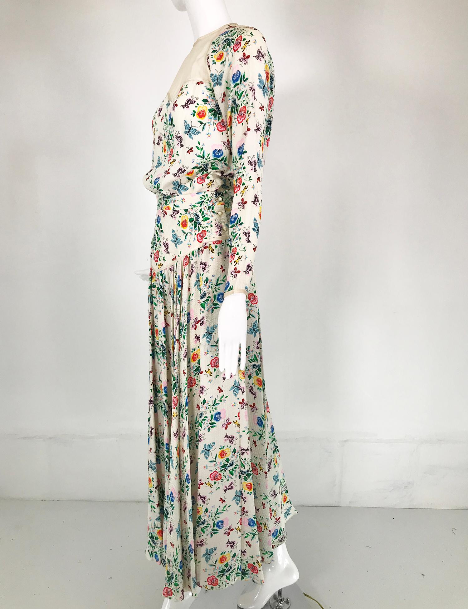 Geoffrey Beene Floral Cloque Silk & Sheer Silk Top & Yoke Hip Maxi Skirt 1970s For Sale 4