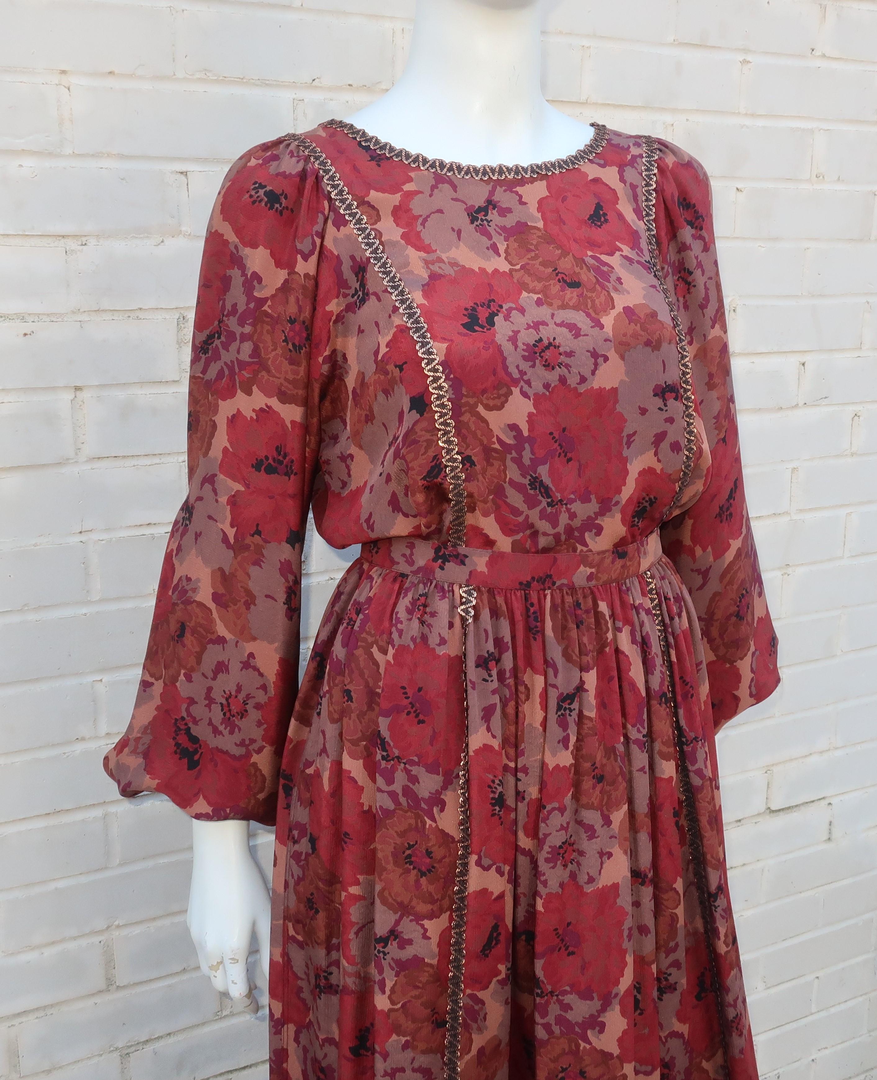 Geoffrey Beene Floral Silk Peasant Dress Ensemble, C.1980 In Good Condition In Atlanta, GA