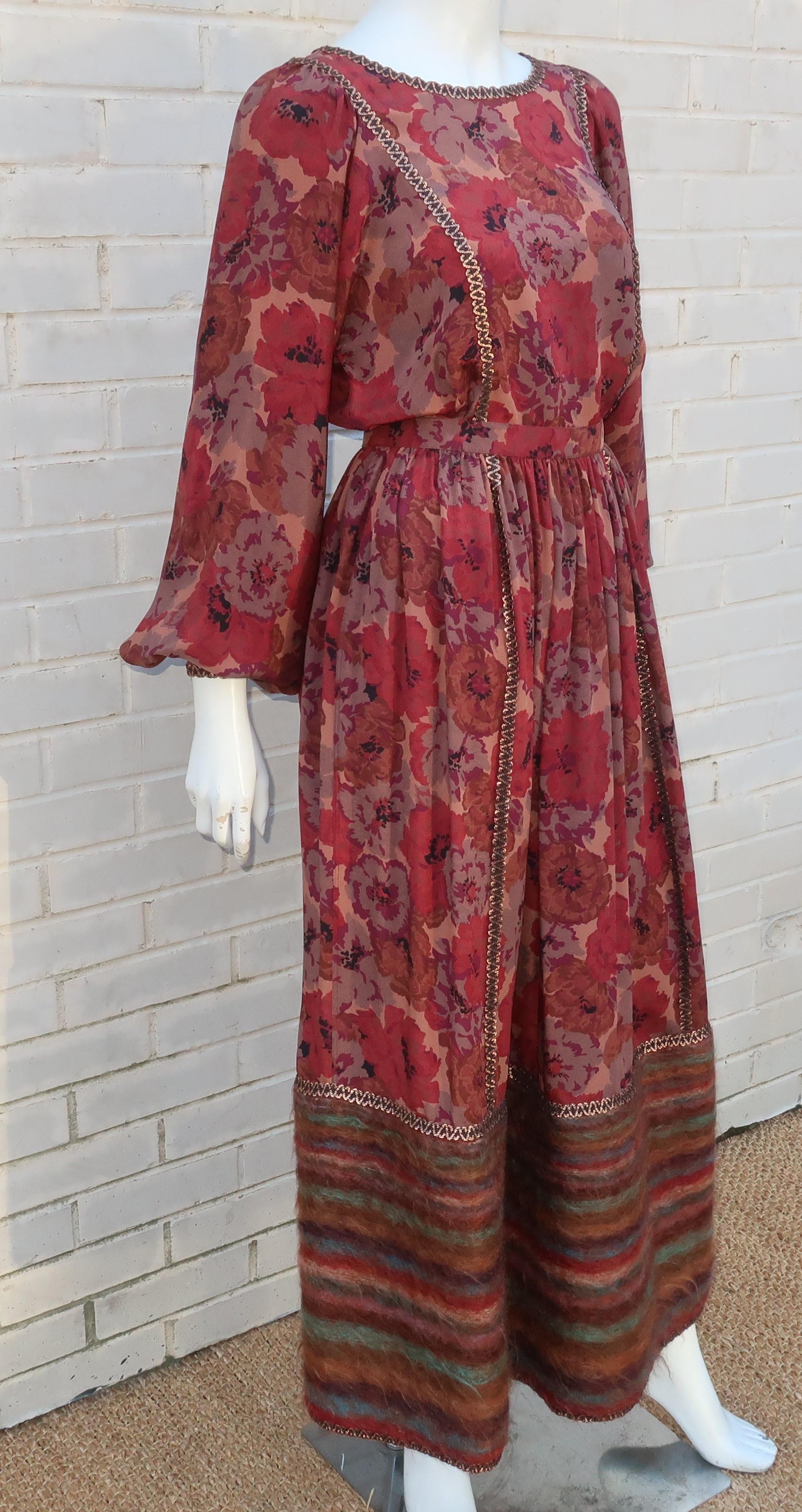Women's Geoffrey Beene Floral Silk Peasant Dress Ensemble, C.1980