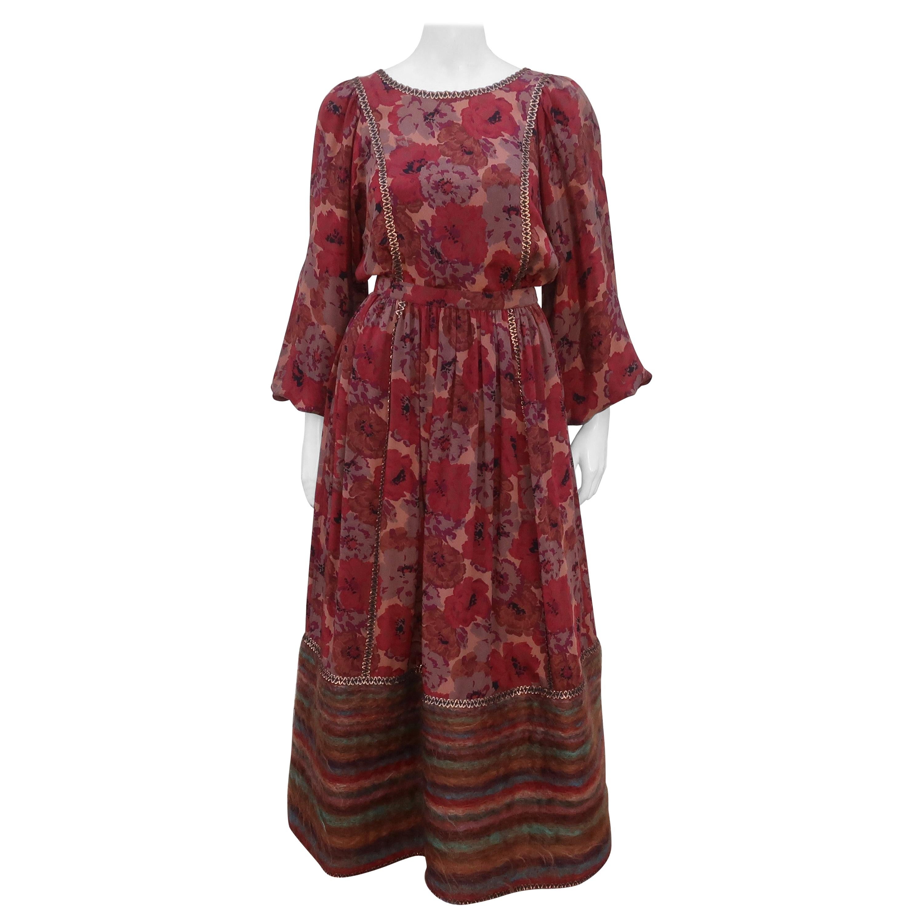 Geoffrey Beene Floral Silk Peasant Dress Ensemble, C.1980