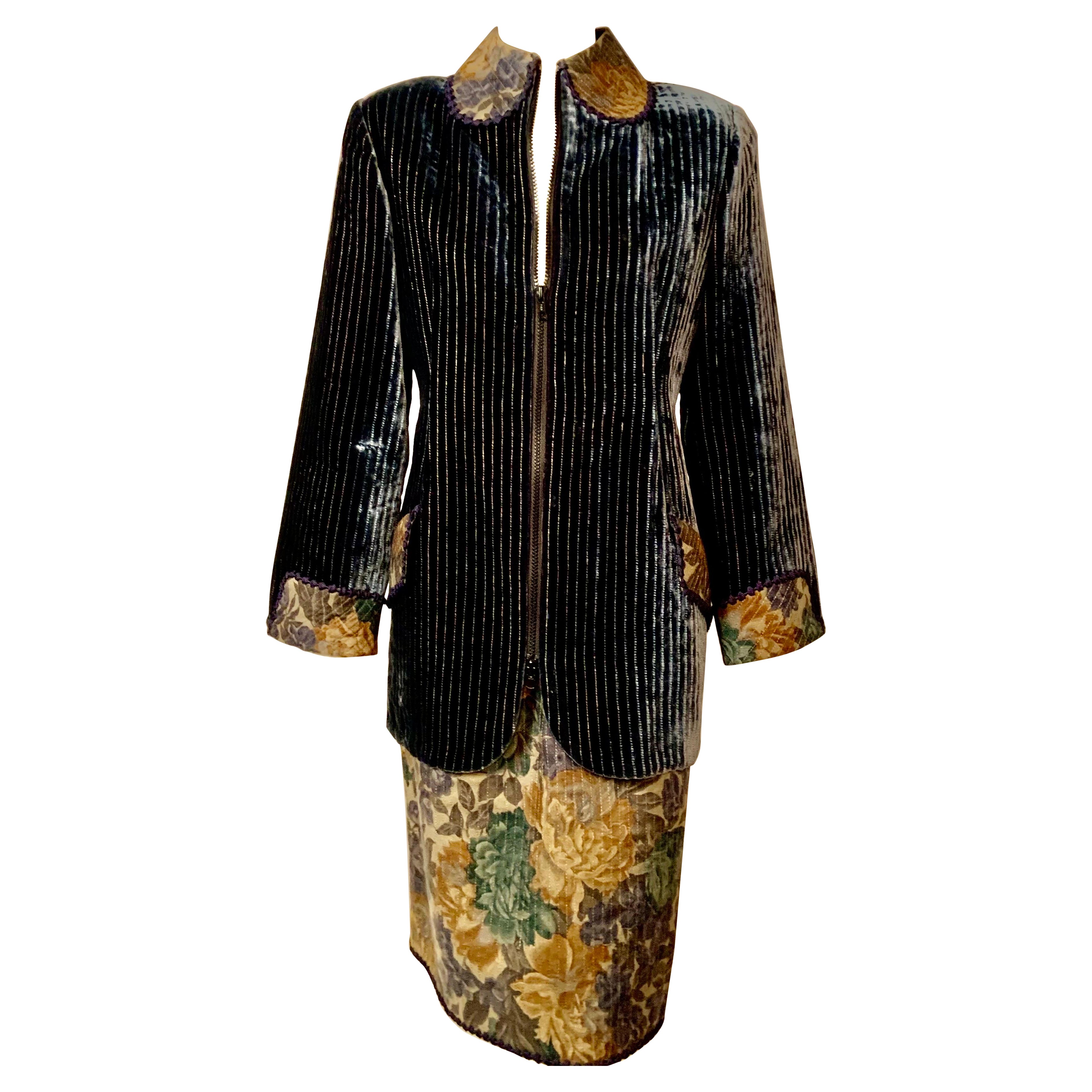 Geoffrey Beene - Ensemble veste en velours et jupe en laine à rayures dorées en vente