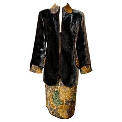Geoffrey Beene - Ensemble veste en velours et jupe en laine à rayures dorées