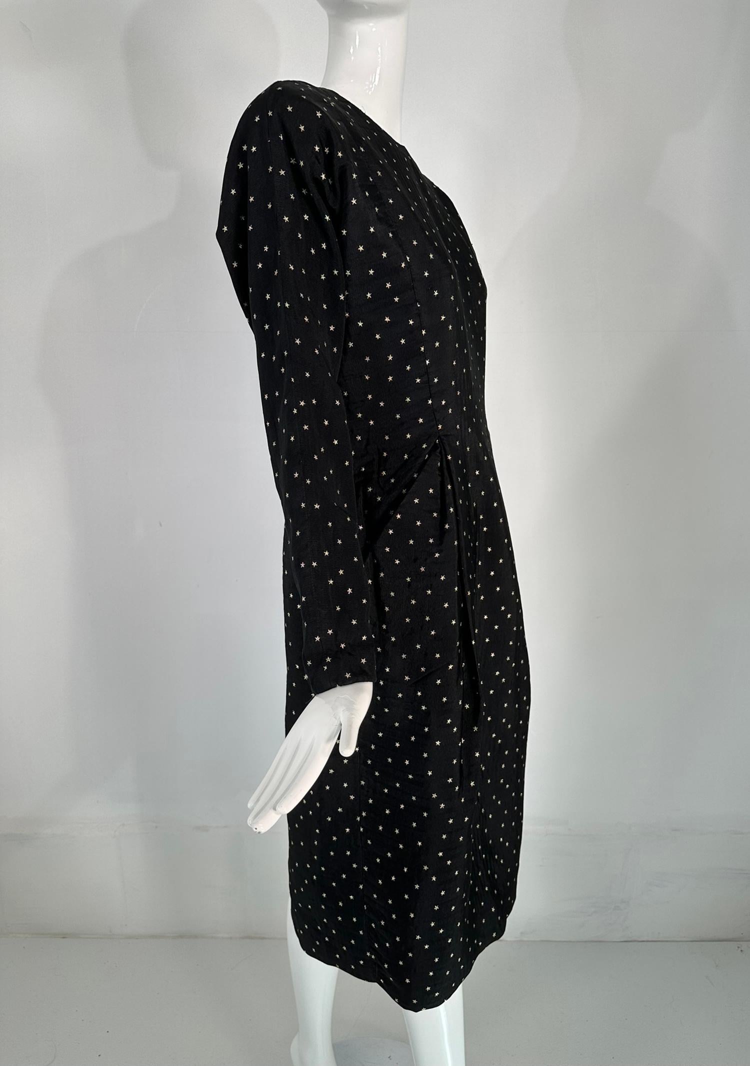 Geoffrey Beene Gold Stars on Black Faille Button Back Dress 1980s In Good Condition In West Palm Beach, FL