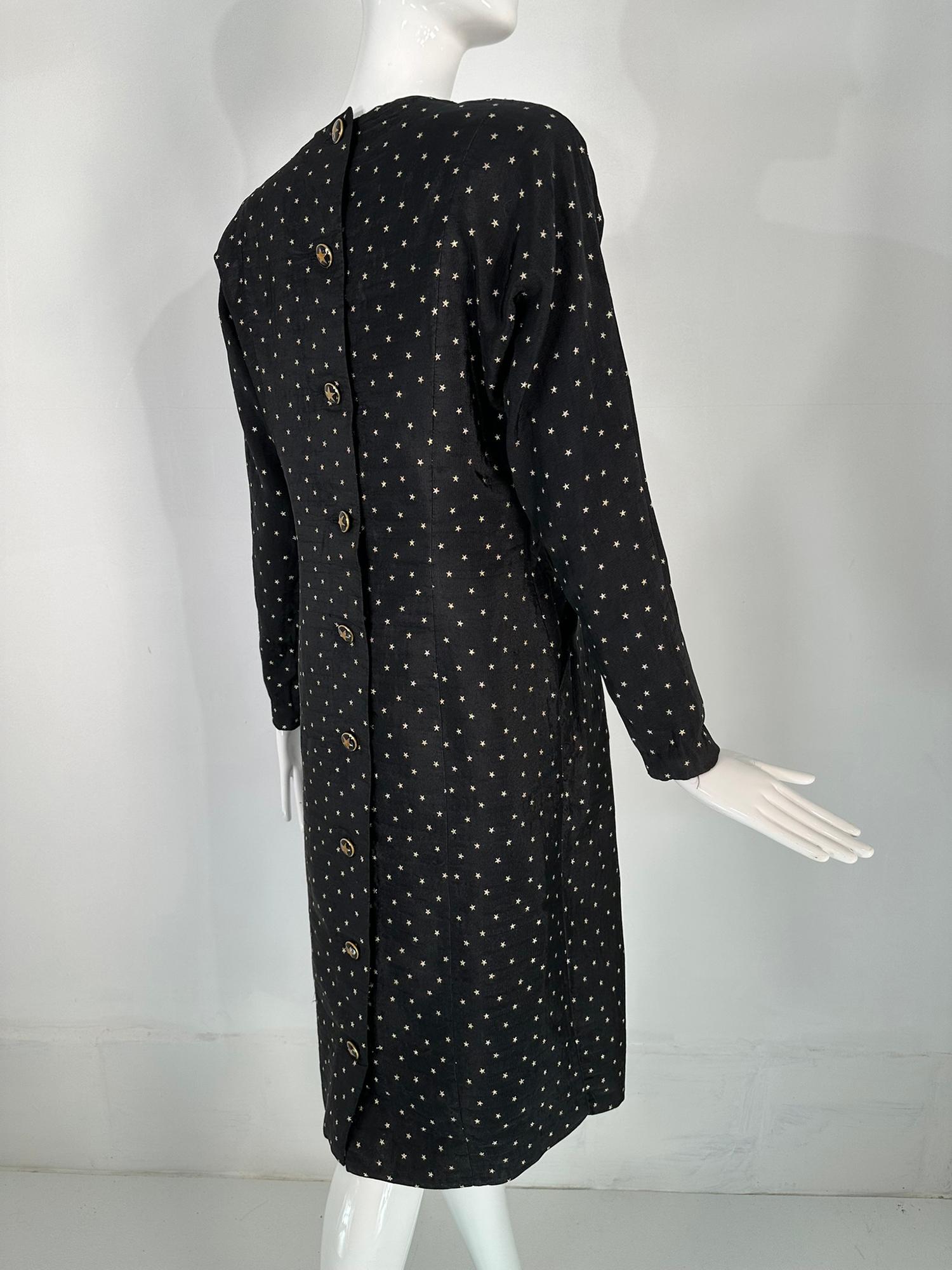 Women's Geoffrey Beene Gold Stars on Black Faille Button Back Dress 1980s