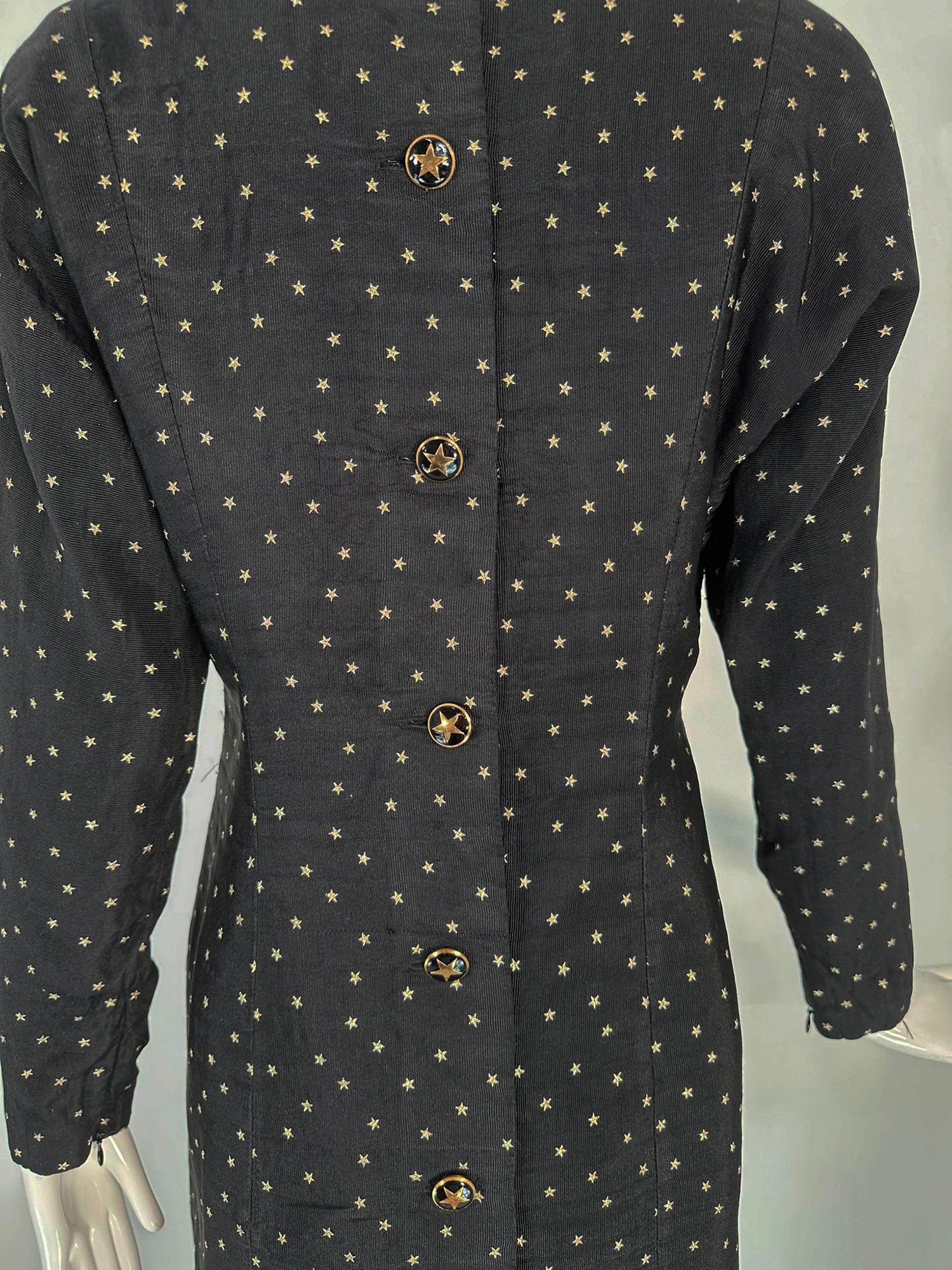 Geoffrey Beene Gold Stars on Black Faille Button Back Dress 1980s 2