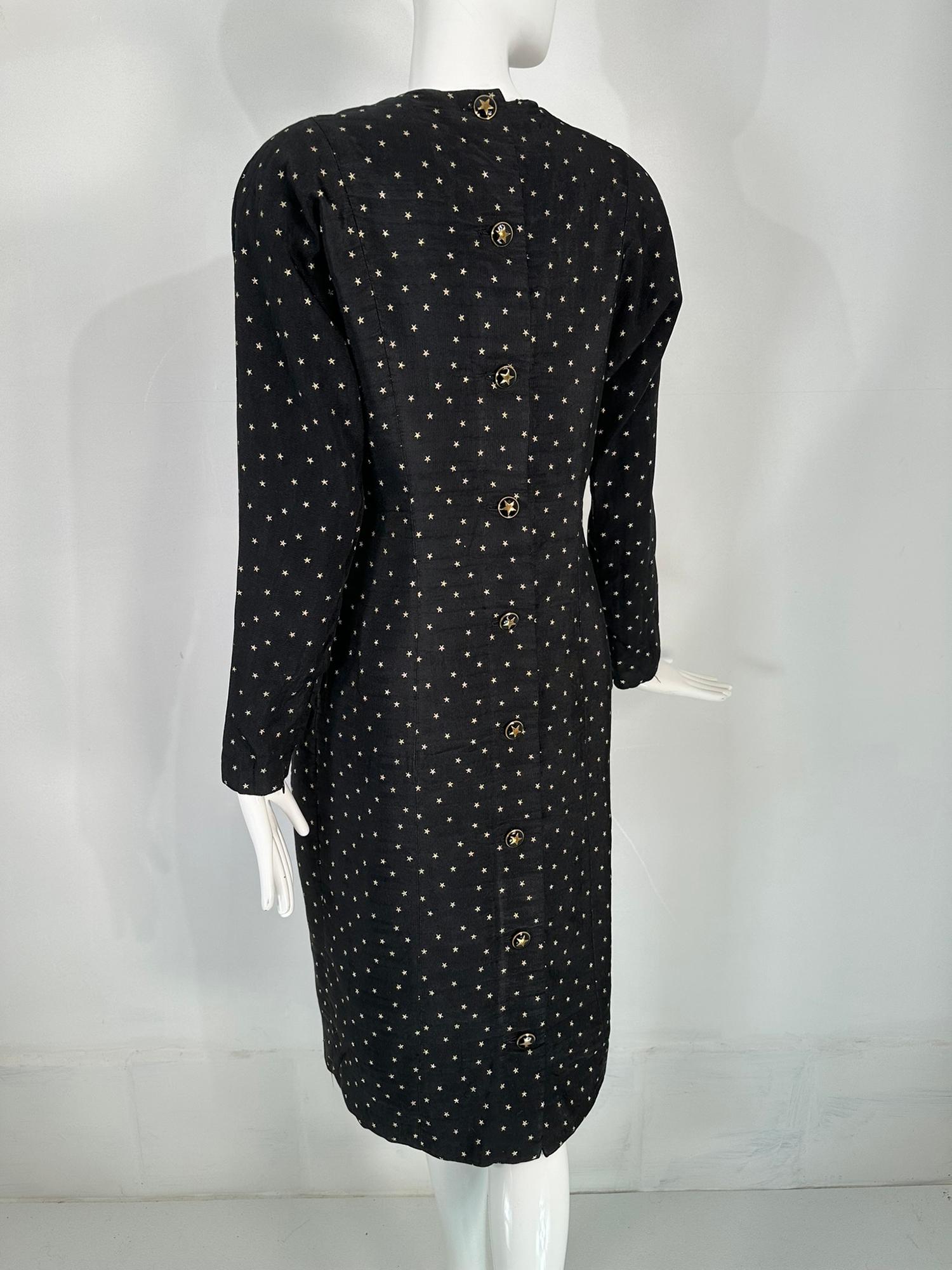 Geoffrey Beene Gold Stars on Black Faille Button Back Dress 1980s 3