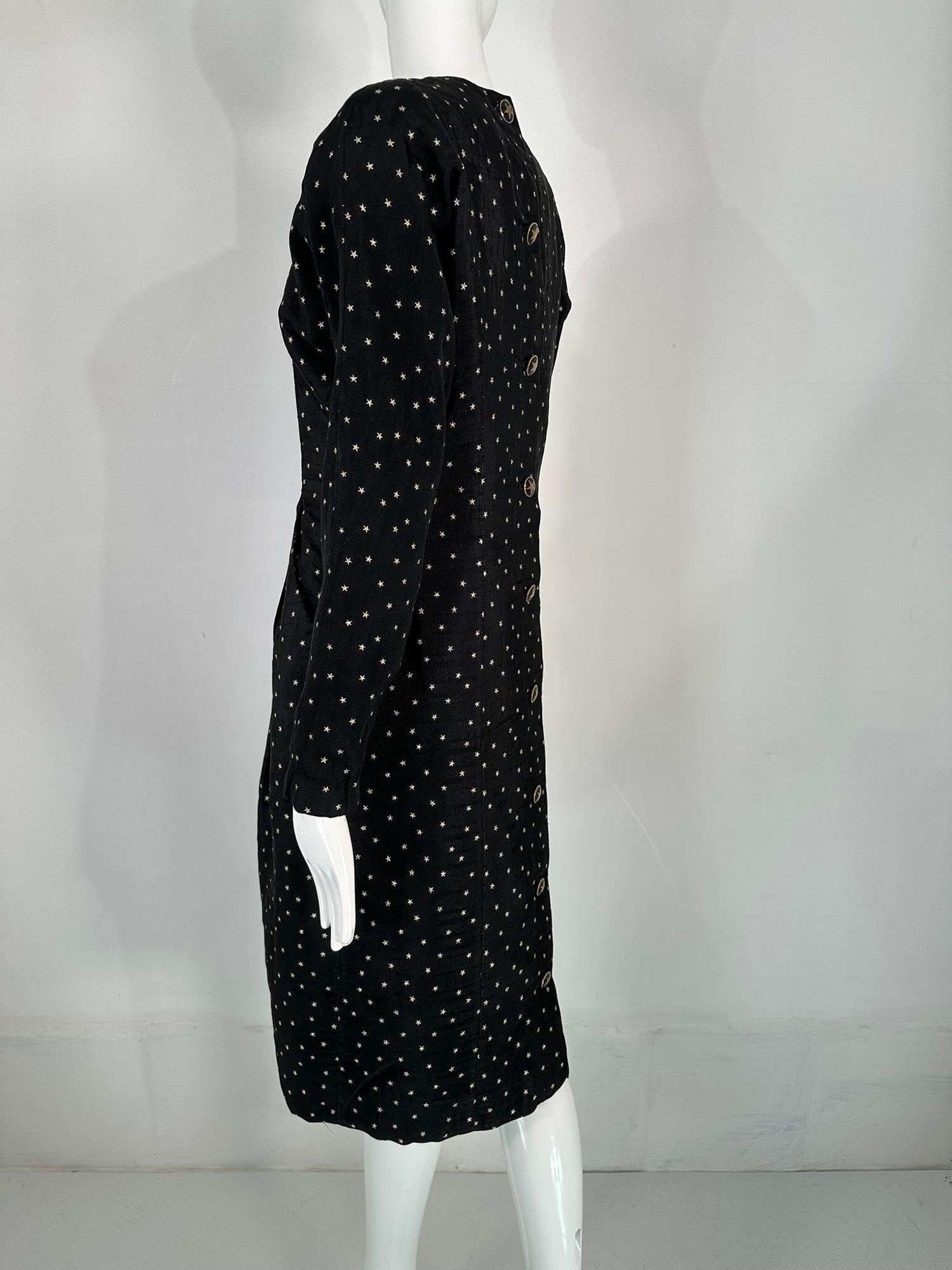 Geoffrey Beene Gold Stars on Black Faille Button Back Dress 1980s 4