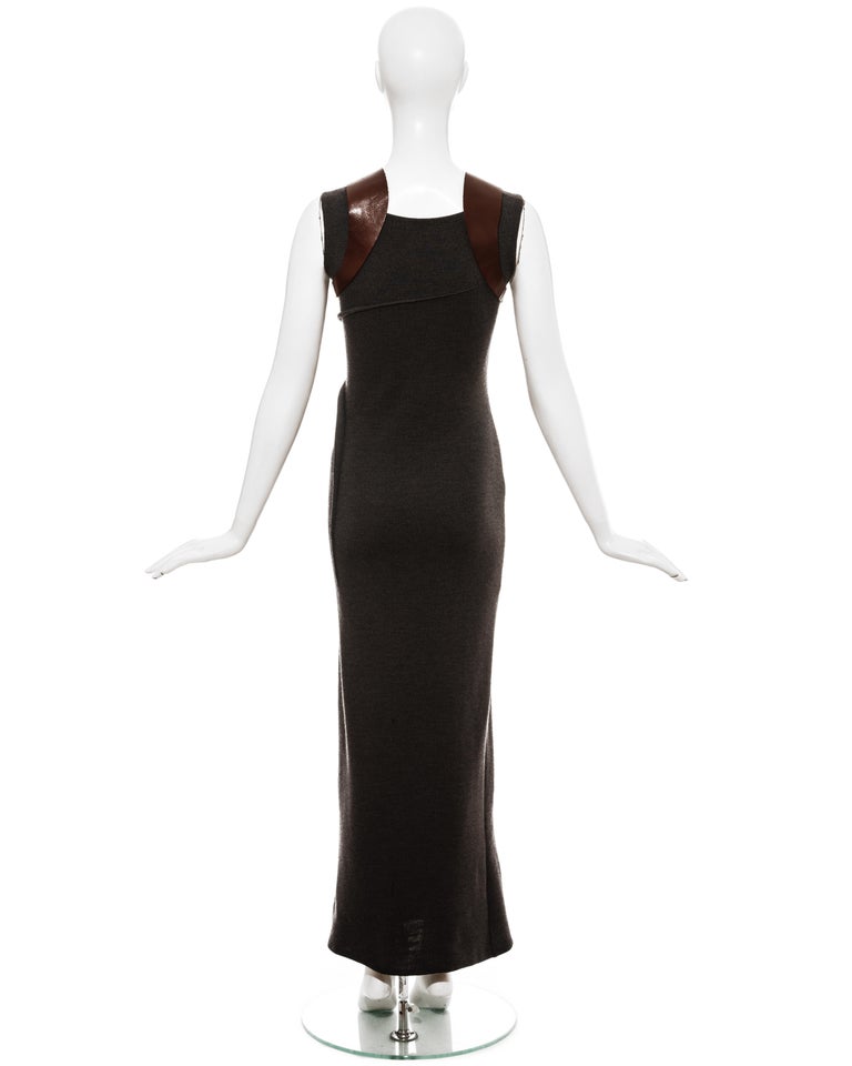 Geoffrey Beene grey wool jersey maxi dress with brown leather harness, ss  1999 For Sale at 1stDibs
