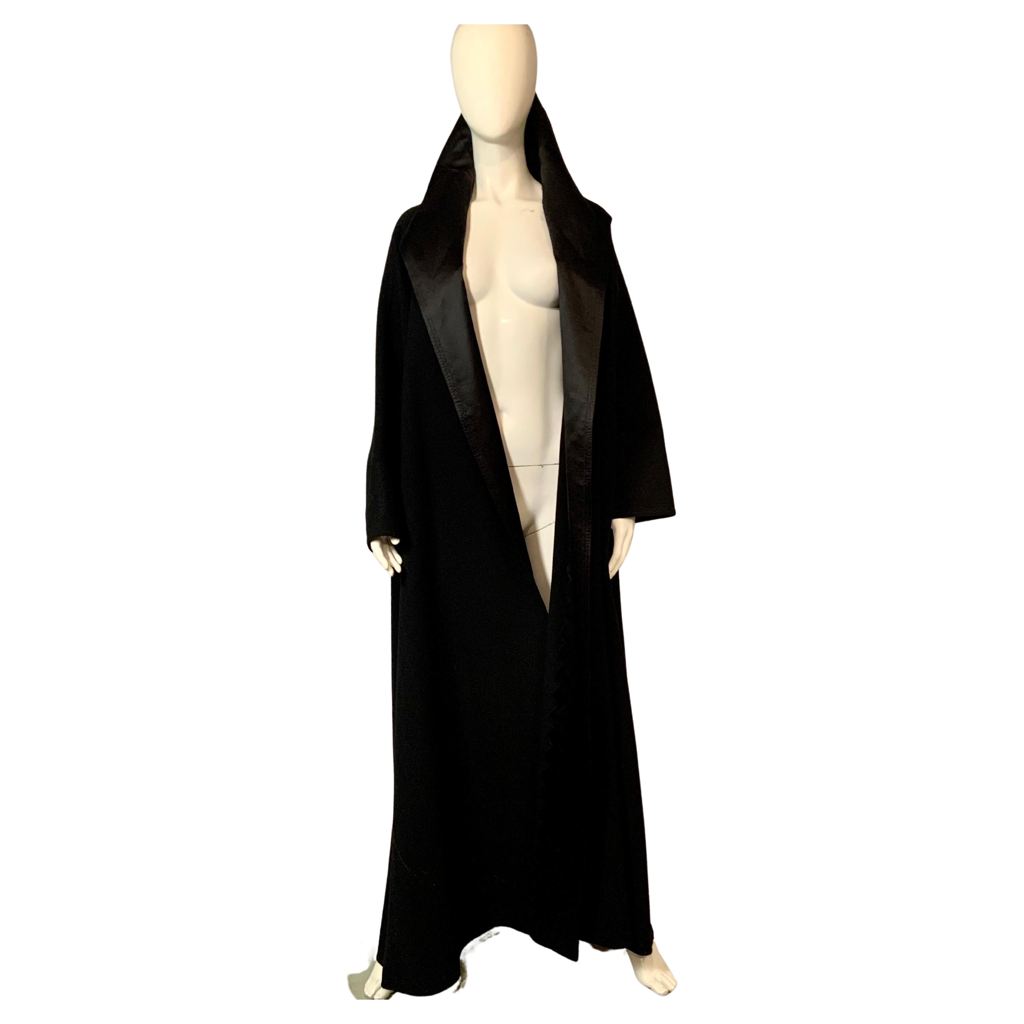 Geoffrey Beene Hooded Black Wool and Satin Maxi Evening Coat