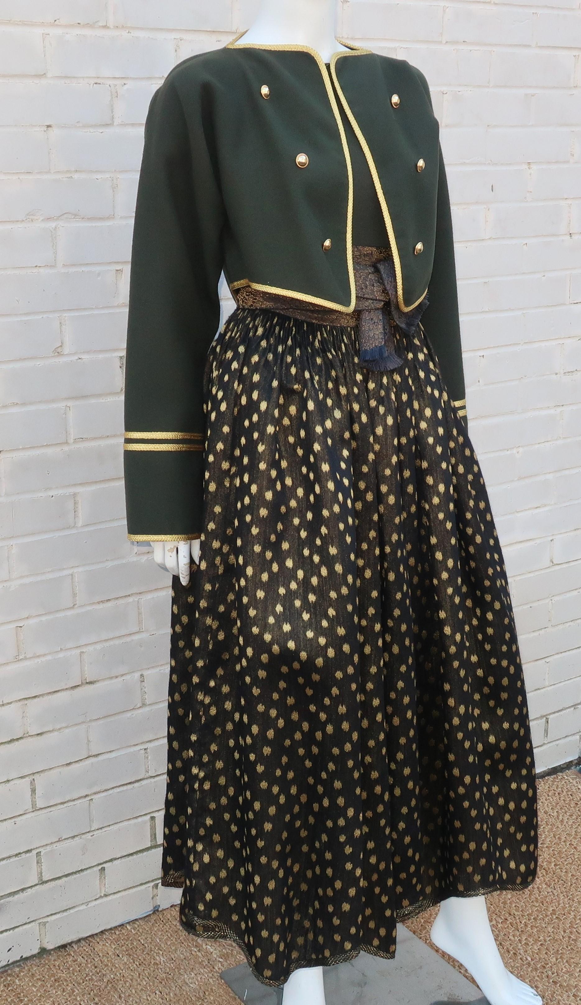 A 1980's Geoffrey Beene five piece ensemble consisting of top, skirt, petticoat, jacket and sash belt ... the works!  The loden green wool cropped jacket has a military inspiration with an open front flanked by gold dome buttons and a heavy braid