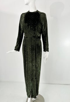 Geoffrey Beene Metallic Dot Forest Green Silk Panne Velvet Maxi Dress 1980s