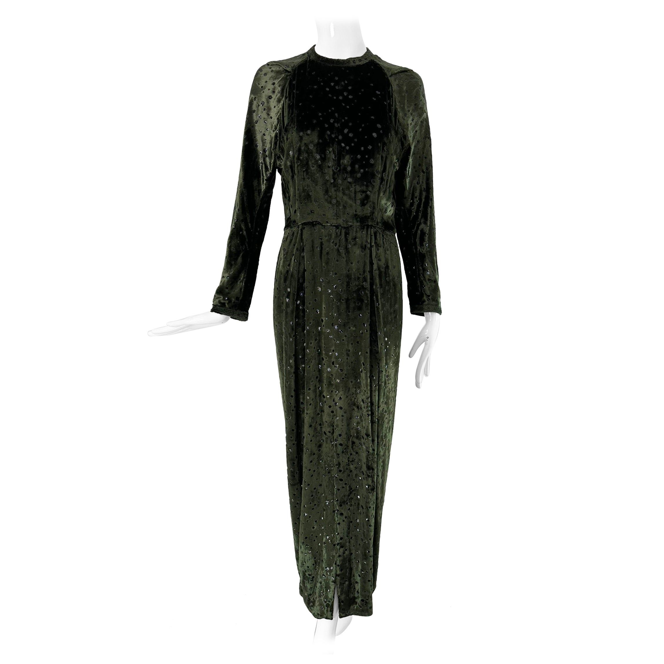 Geoffrey Beene Metallic Dot Forest Green Silk Panne Velvet Maxi Dress 1980s in vendita