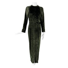 Geoffrey Beene Metallic Dot Forest Green Silk Panne Velvet Maxi Dress 1980s
