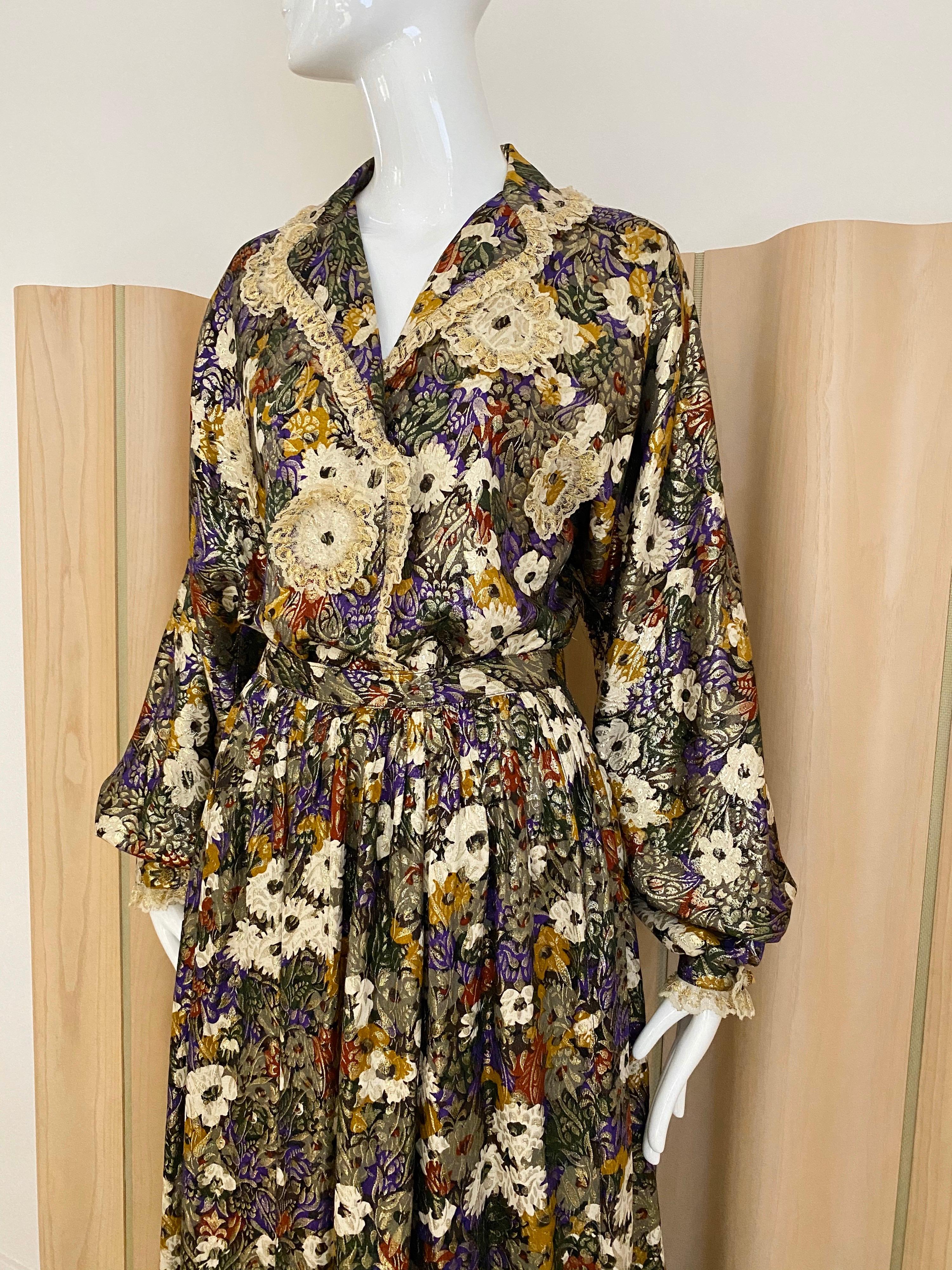 Black Geoffrey Beene Multi Color Floral Print Silk  Lamé Blouse Skirt  and pant  Set For Sale
