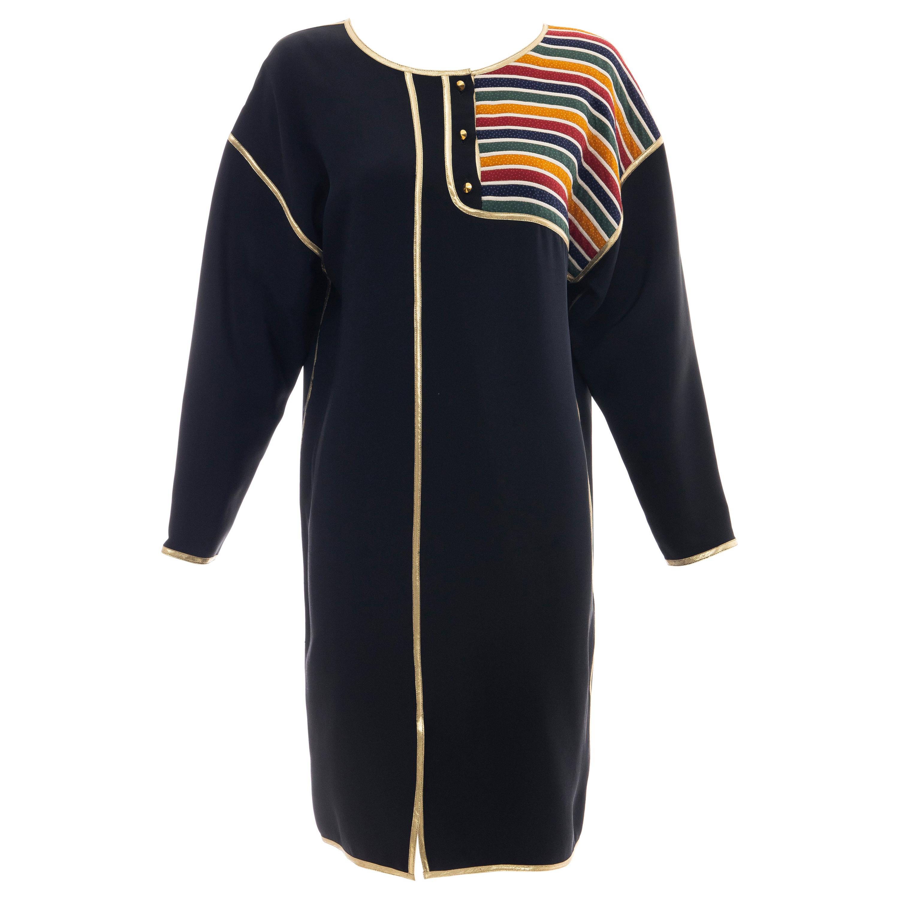 Geoffrey Beene Navy Blue Multicolored Striped Quilted Shift Dress, Fall 1993 For Sale