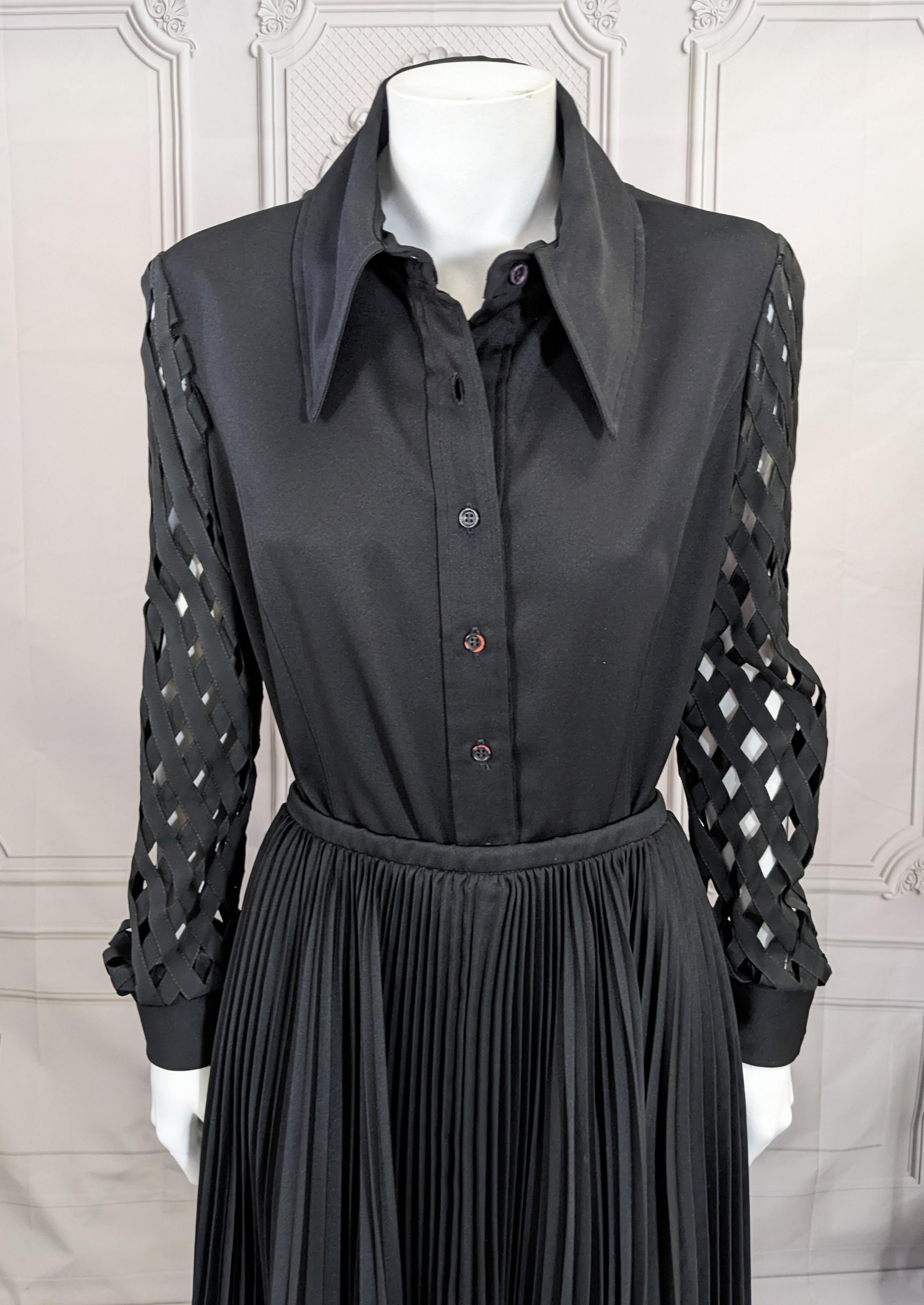 Black Geoffrey Beene Openwork Blouse and Pleated Skirt For Sale