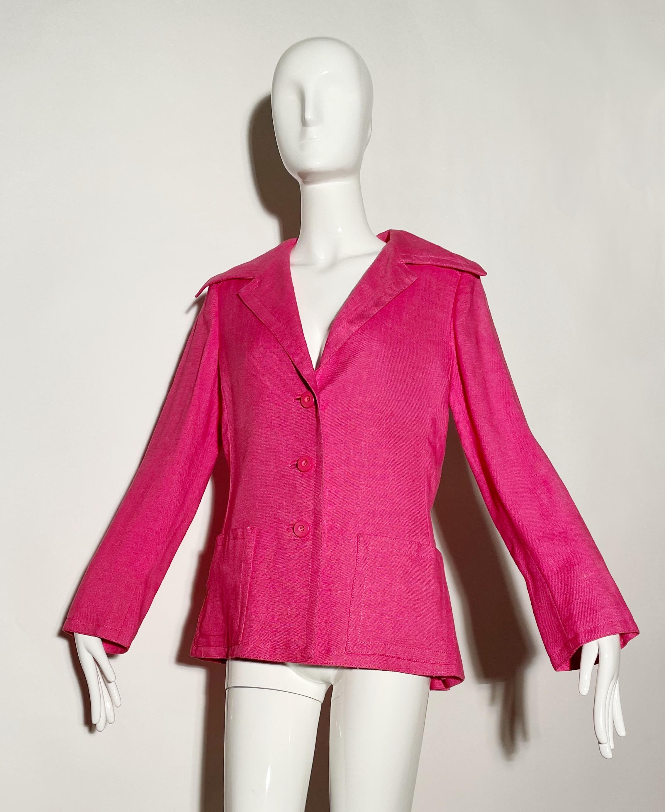 Pink blazer. Dramatic color. Front buttons. Front pockets. Linen. Lined. 
*Condition: Excellent vintage condition. No visible Flaws.

Measurements Taken Laying Flat (inches)—
Shoulder to Shoulder: 16 in.
Sleeve Length: 23 in.
Bust: 40 in.
Waist: 34