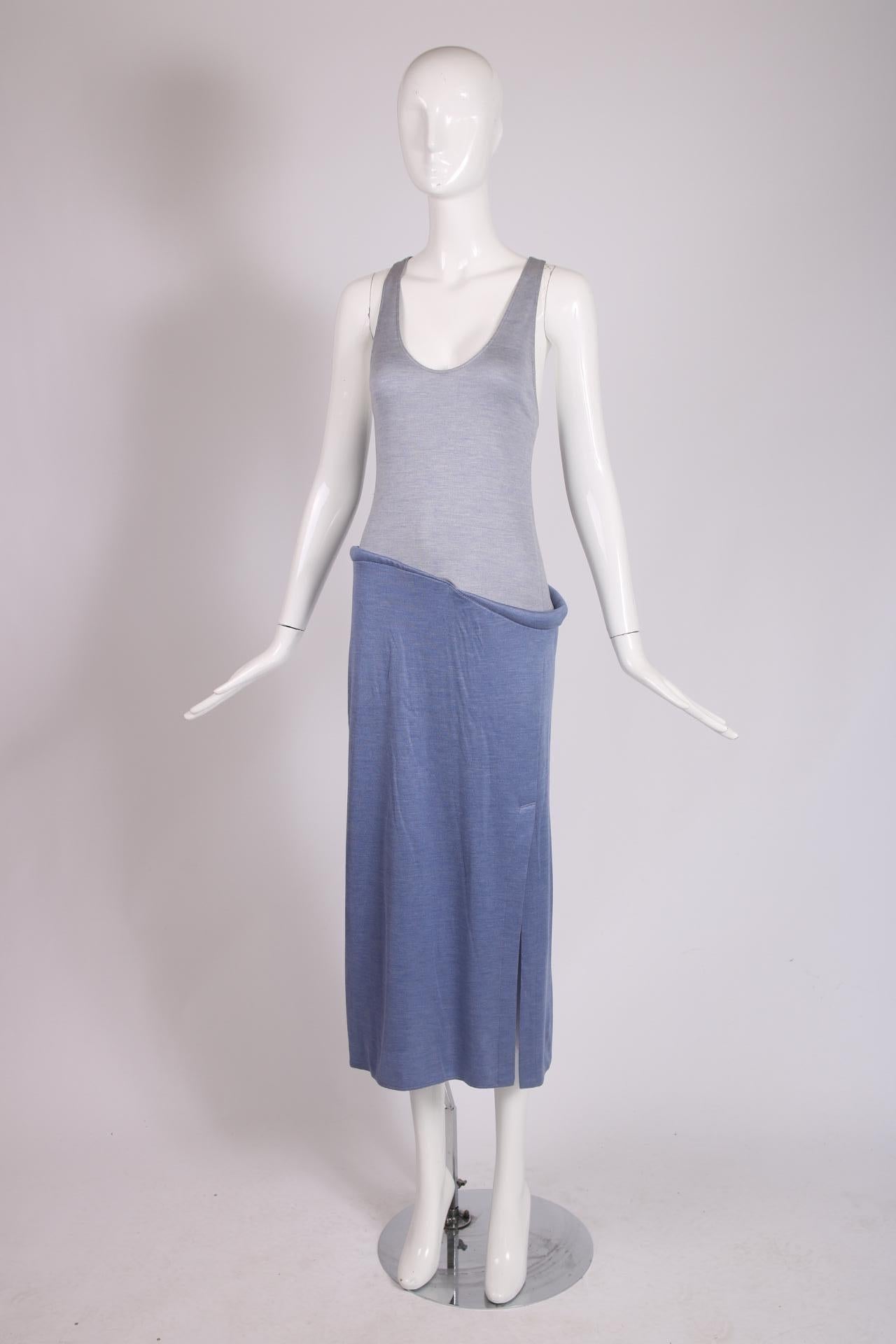 1999 S/S Geoffrey Beene lilac and purple silk jersey dress with a racer back bodice, soft sculpted padded design detail at the waistline seam and a 17