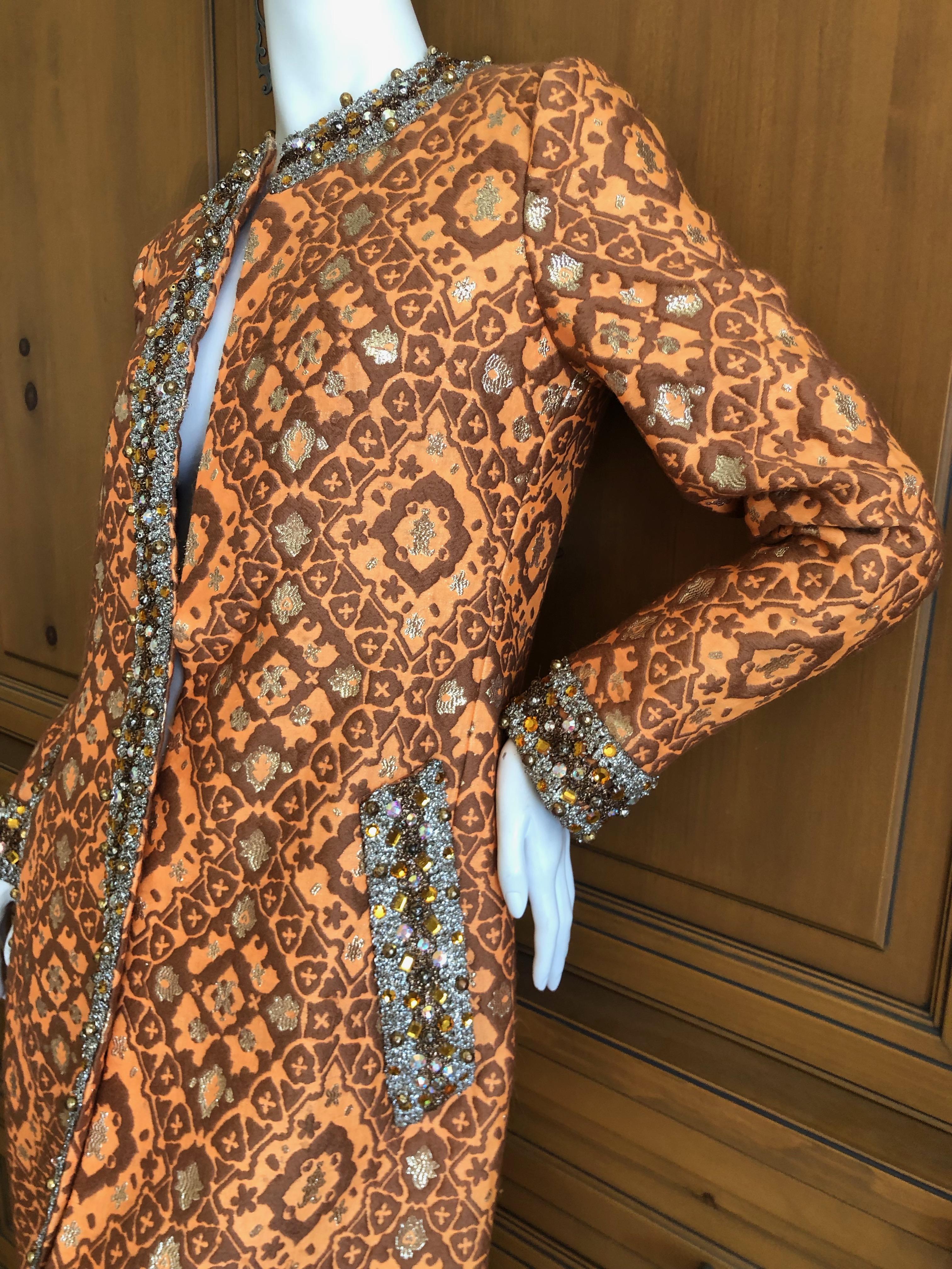 Brown Geoffrey Beene Rare Documented Mod 1966 Heavily Embellished Shiny Brocade Dress For Sale