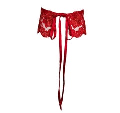 Geoffrey Beene Red Leather and Raffia Floral Peplum Belt, 1980