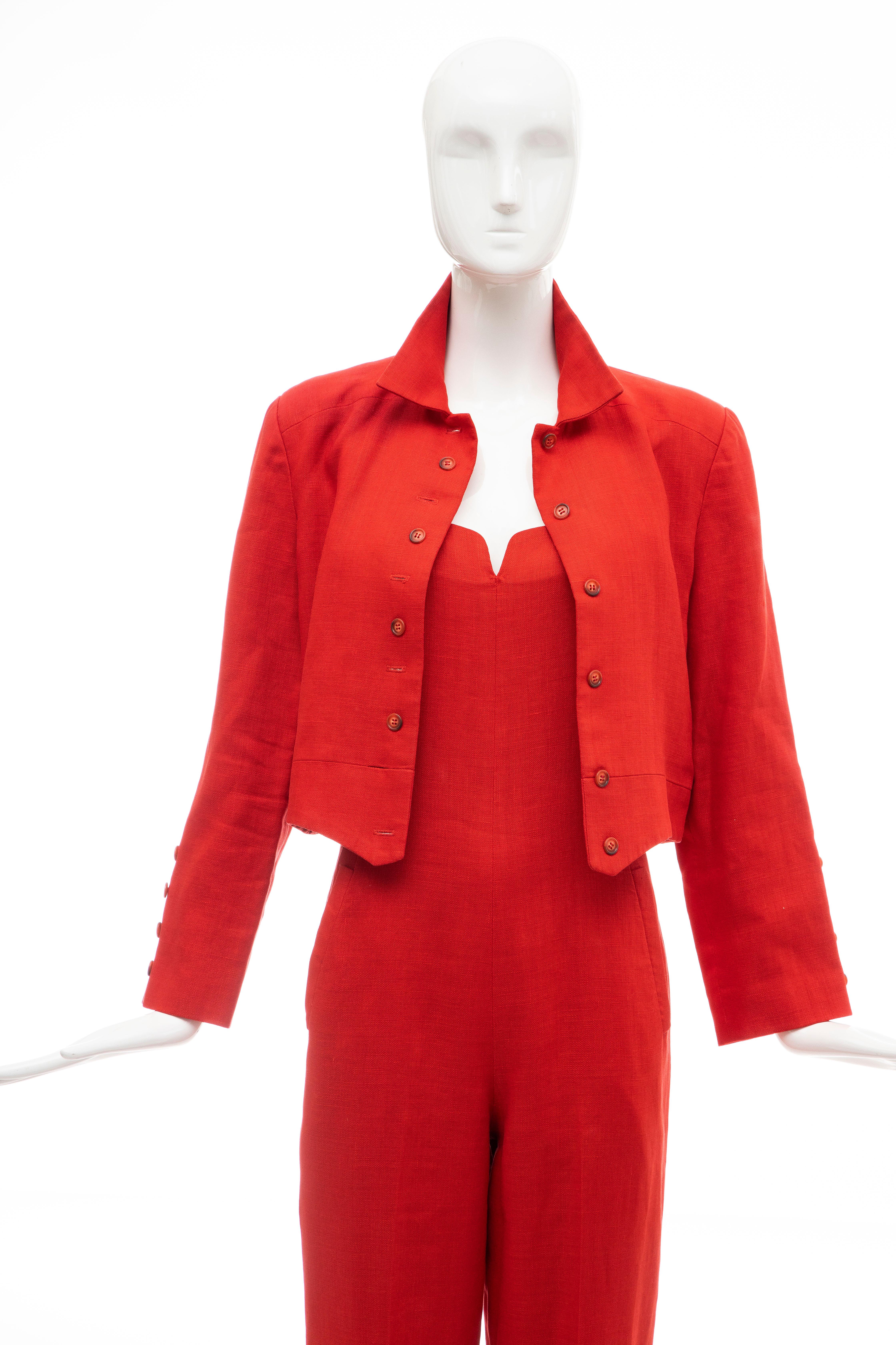 Geoffrey Beene Red Linen Jumpsuit Silk Lined With Jacket, Circa: 1970's For Sale 9