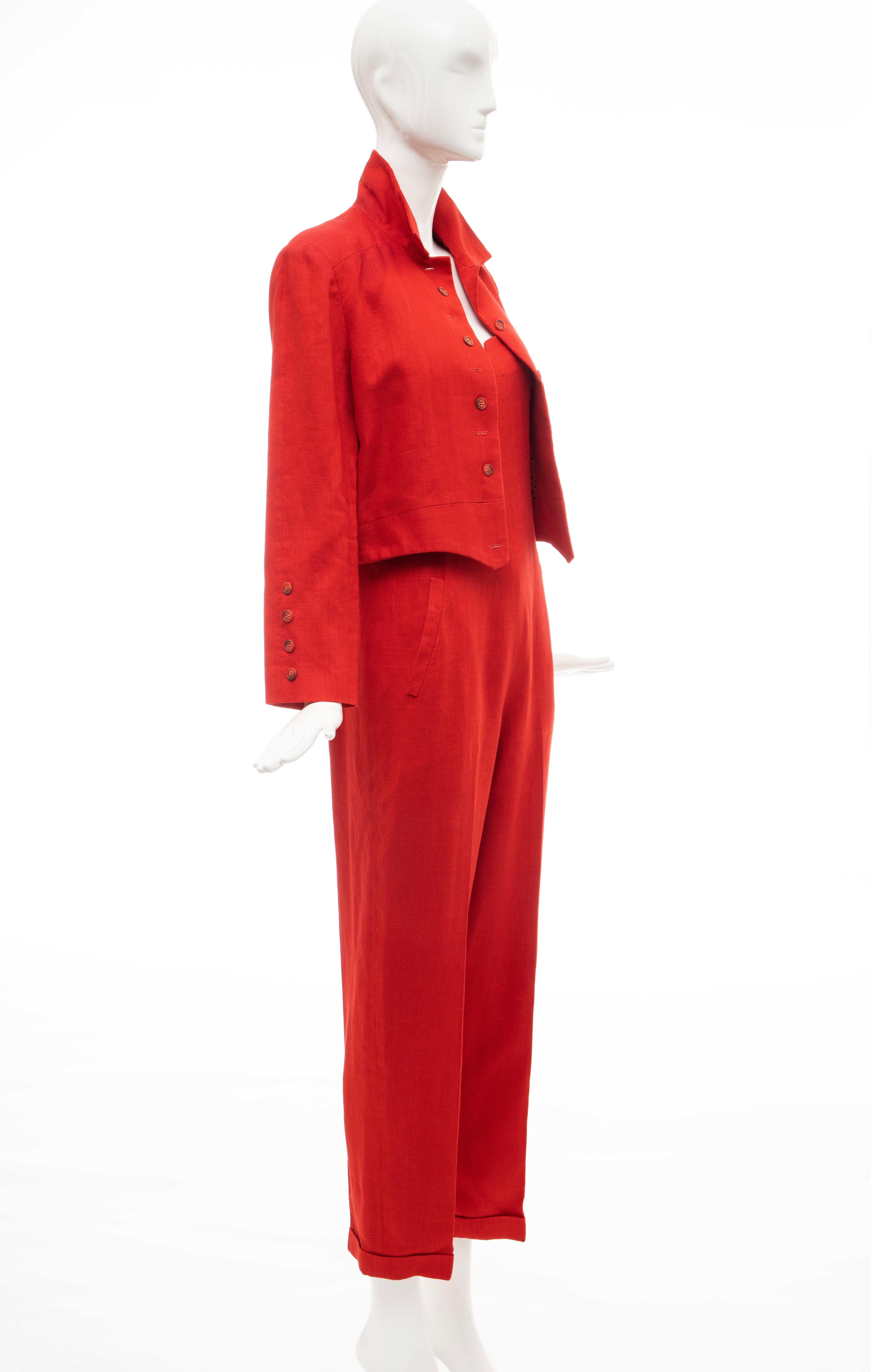 Geoffrey Beene Red Linen Jumpsuit Silk Lined With Jacket, Circa: 1970's For Sale 10