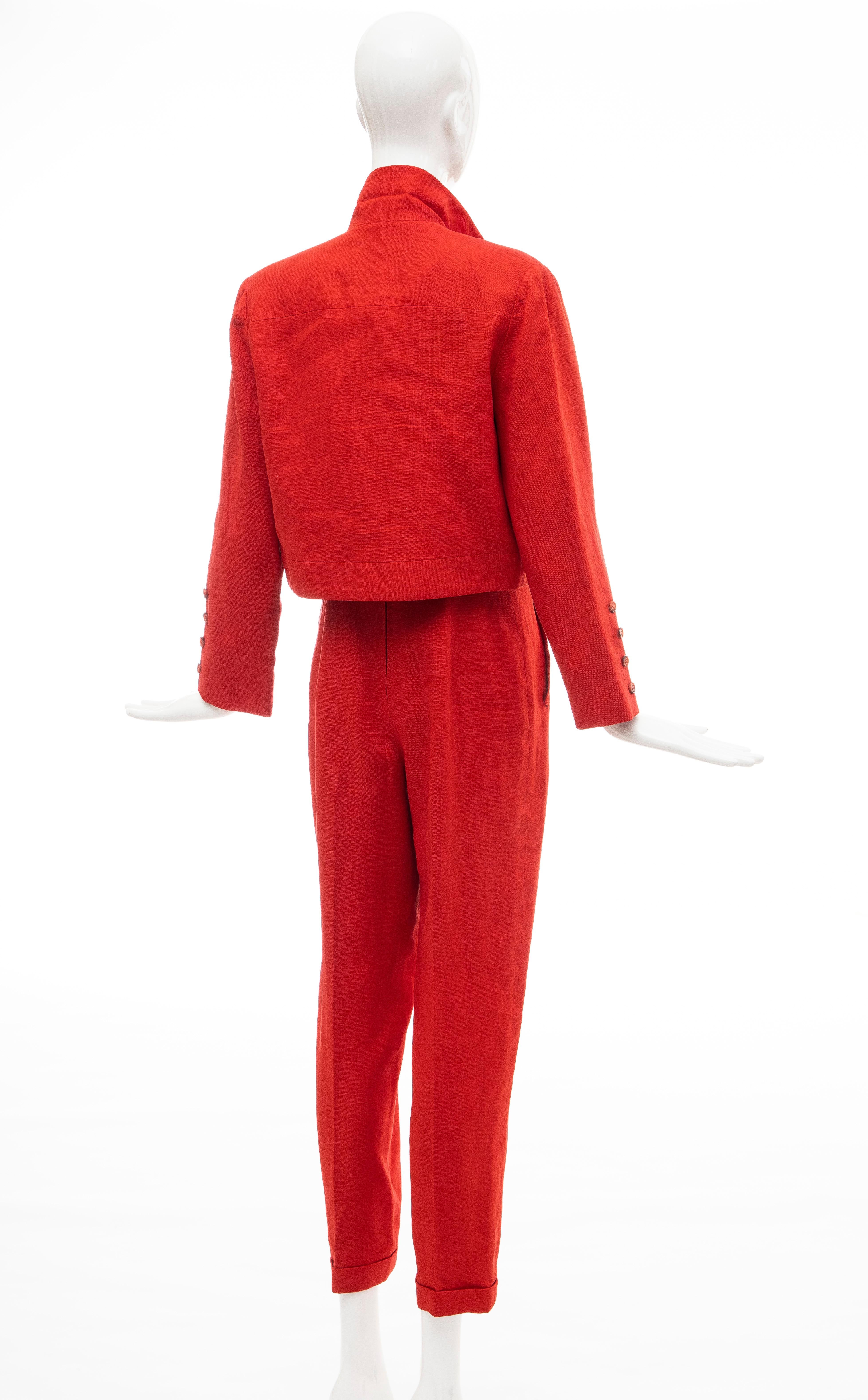 Geoffrey Beene Red Linen Jumpsuit Silk Lined With Jacket, Circa: 1970's For Sale 11