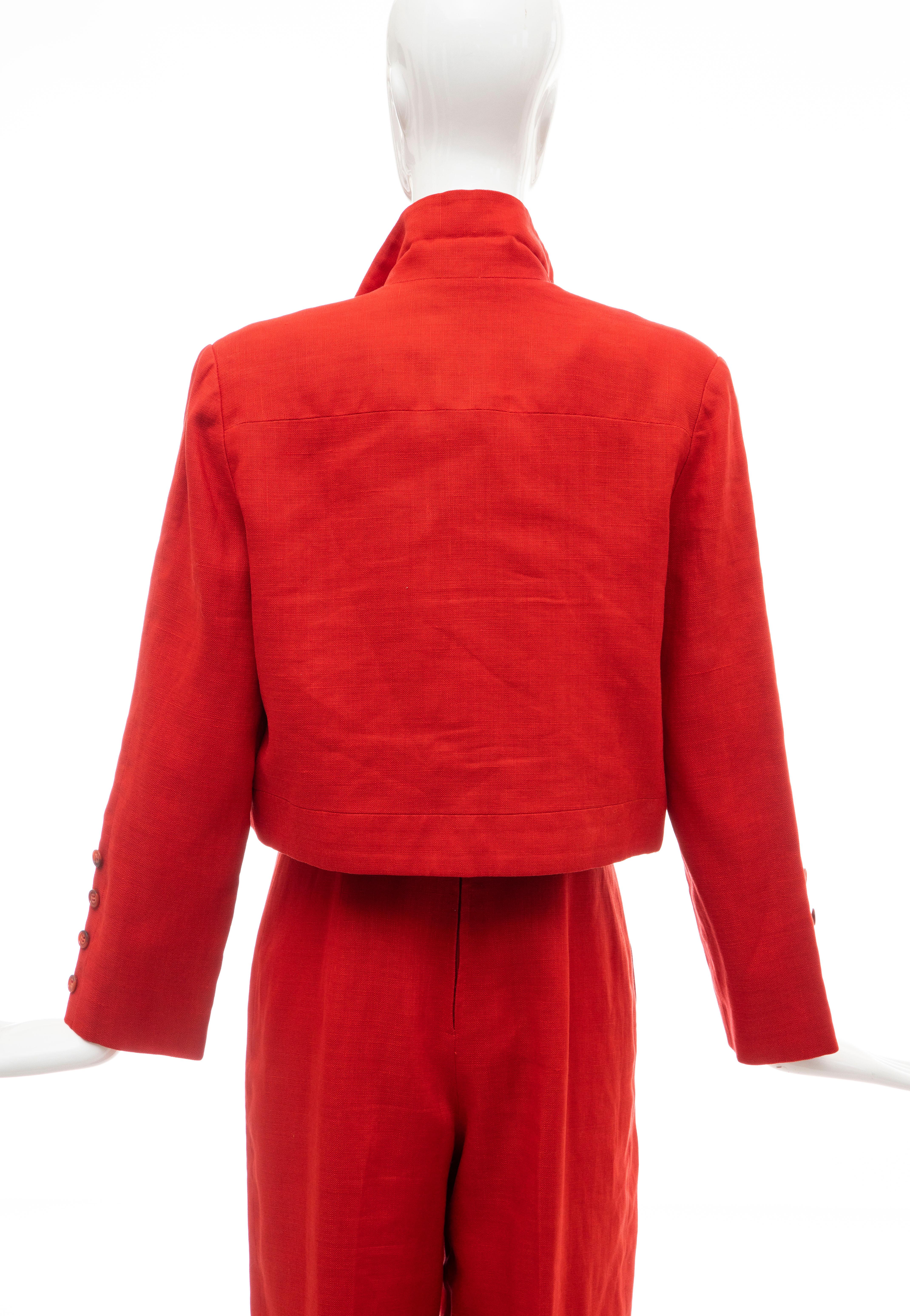 Geoffrey Beene Red Linen Jumpsuit Silk Lined With Jacket, Circa: 1970's For Sale 12