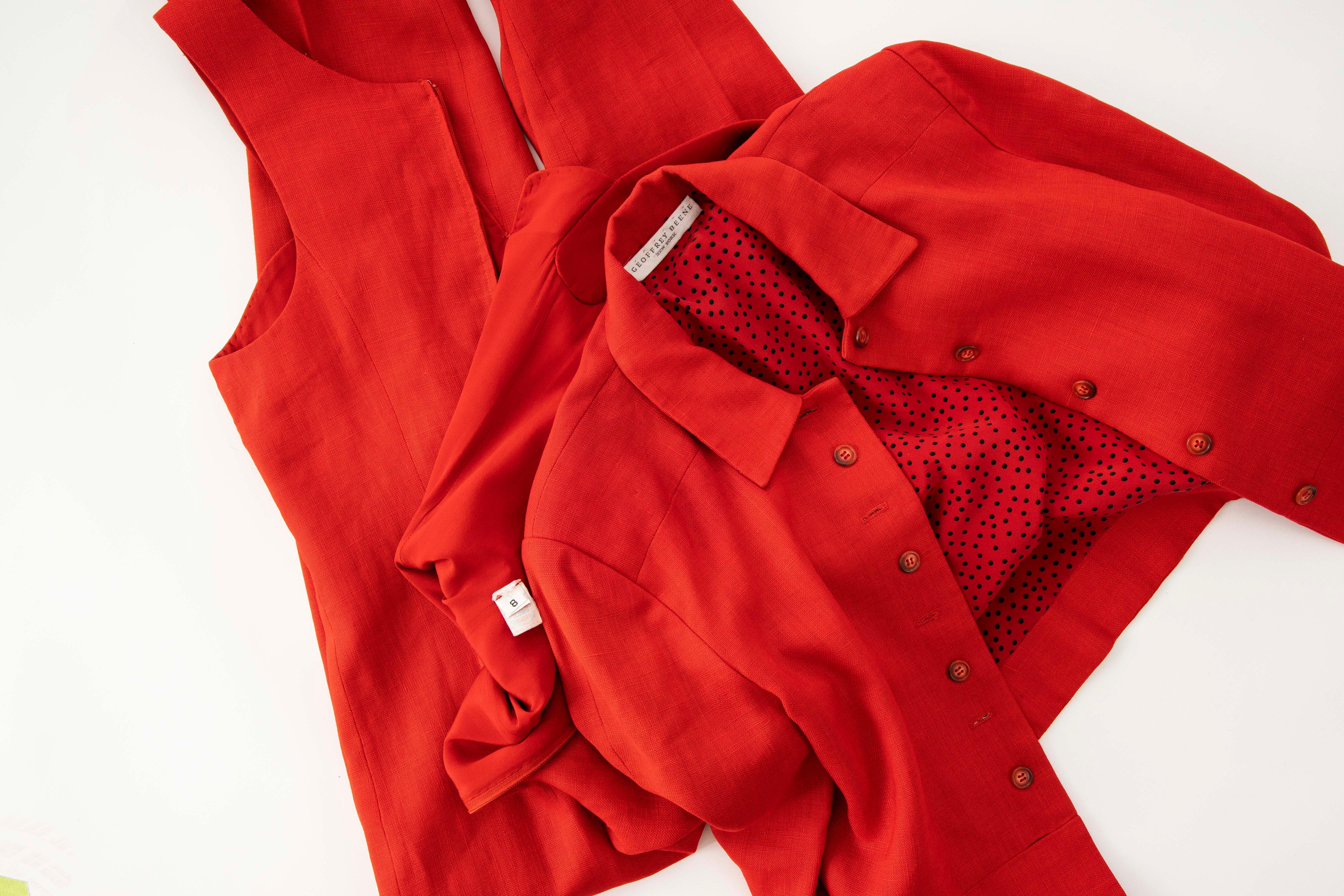 Geoffrey Beene Red Linen Jumpsuit Silk Lined With Jacket, Circa: 1970's For Sale 14