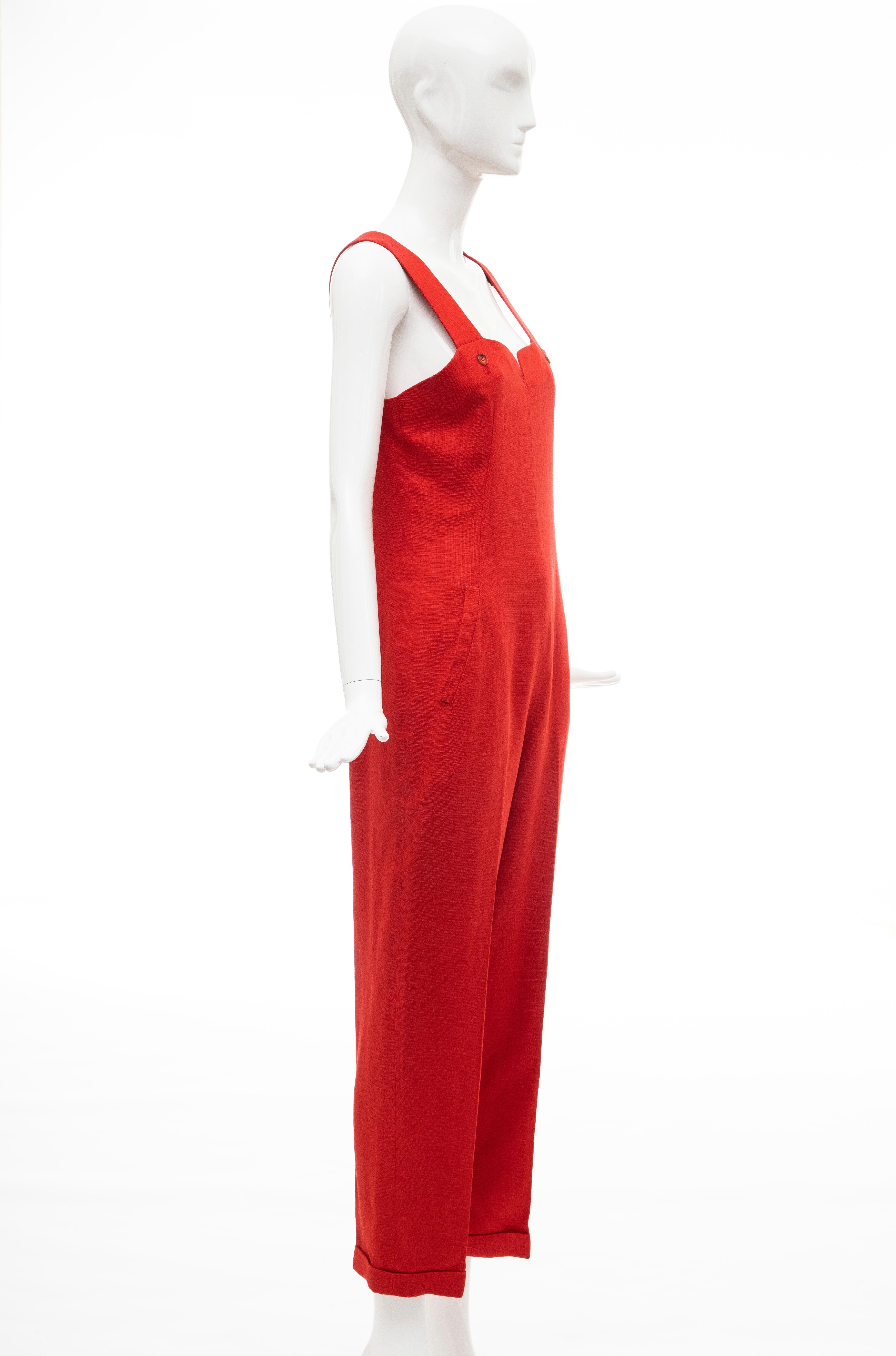 Geoffrey Beene Red Linen Jumpsuit Silk Lined With Jacket, Circa: 1970's For Sale 1