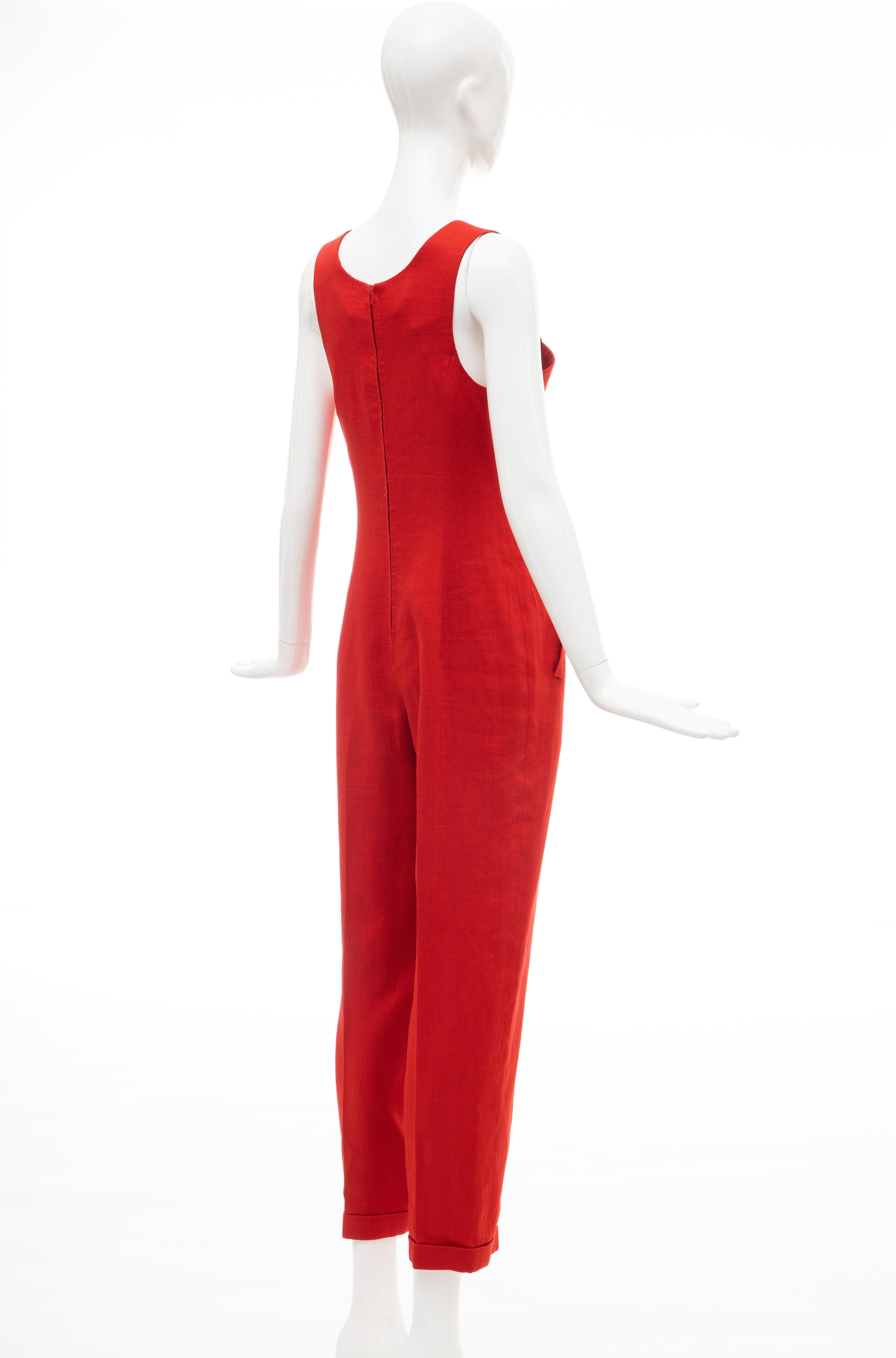 Geoffrey Beene Red Linen Jumpsuit Silk Lined With Jacket, Circa: 1970's For Sale 3